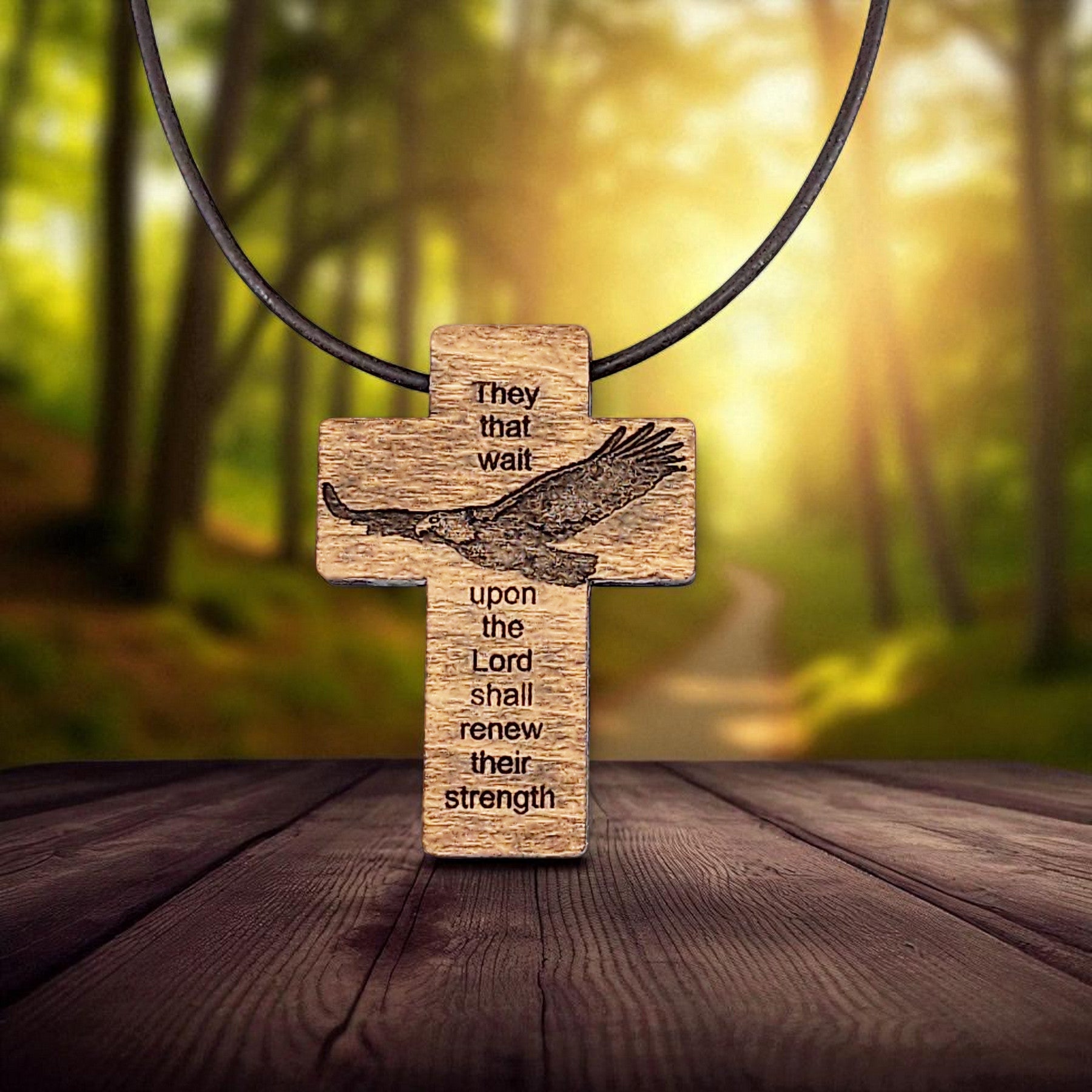 Wood Eagle Cross Pendant Brown Leather Cord Necklace