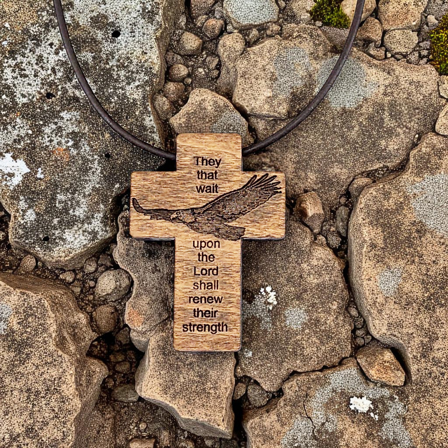 Wood Eagle Cross Pendant Brown Leather Cord Necklace