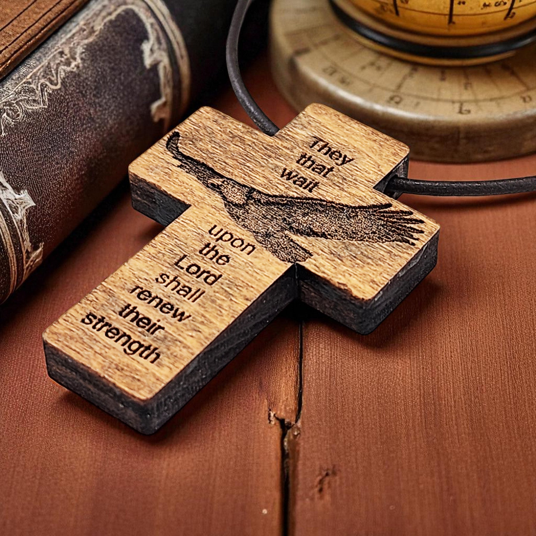 Wood Eagle Cross Pendant Brown Leather Cord Necklace