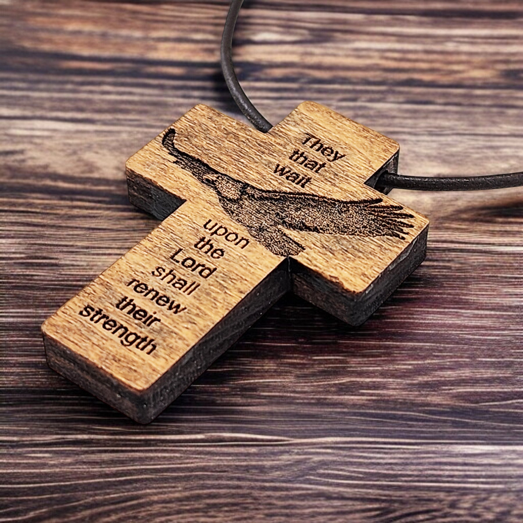 Wood Eagle Cross Pendant Brown Leather Cord Necklace