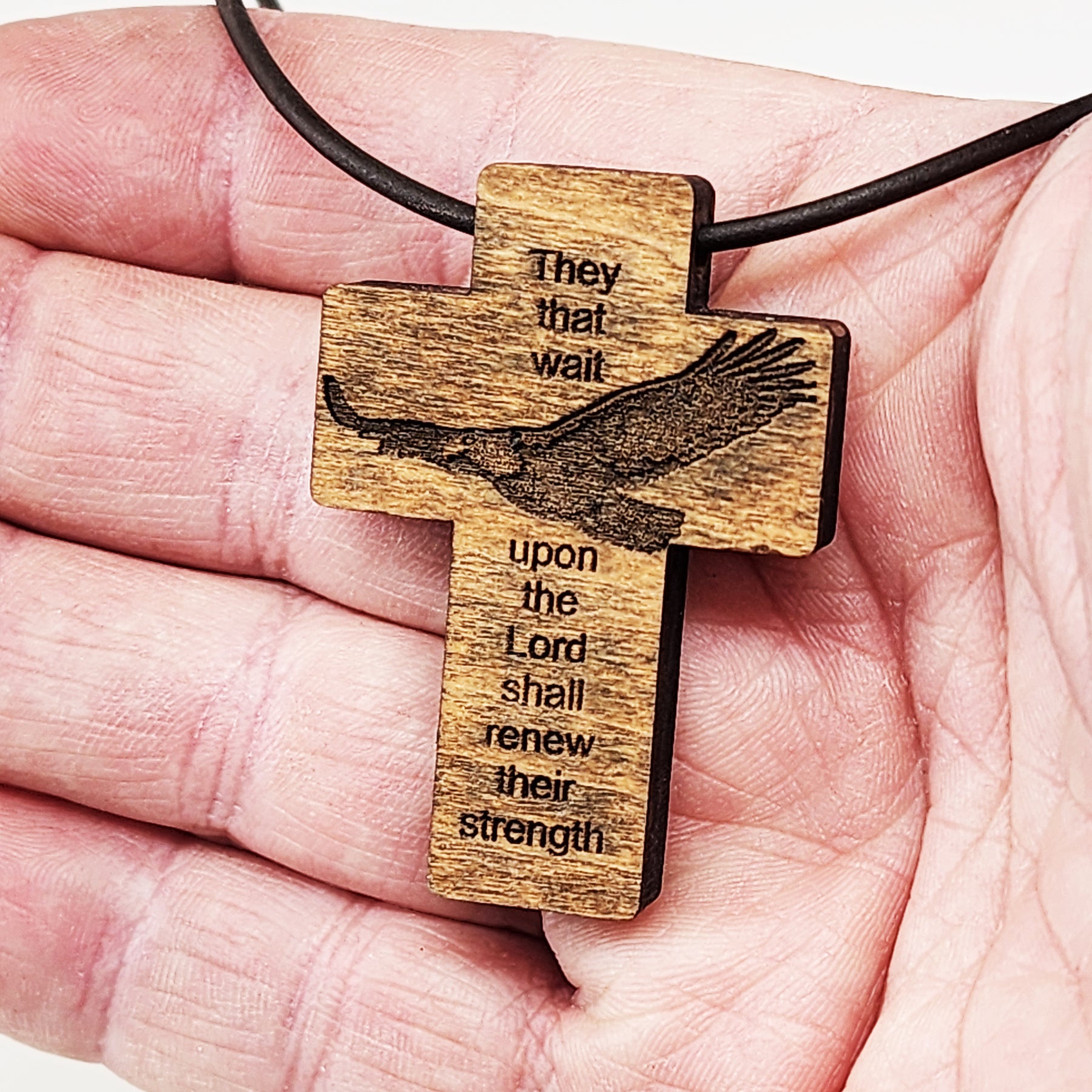 Wood Eagle Cross Pendant Brown Leather Cord Necklace