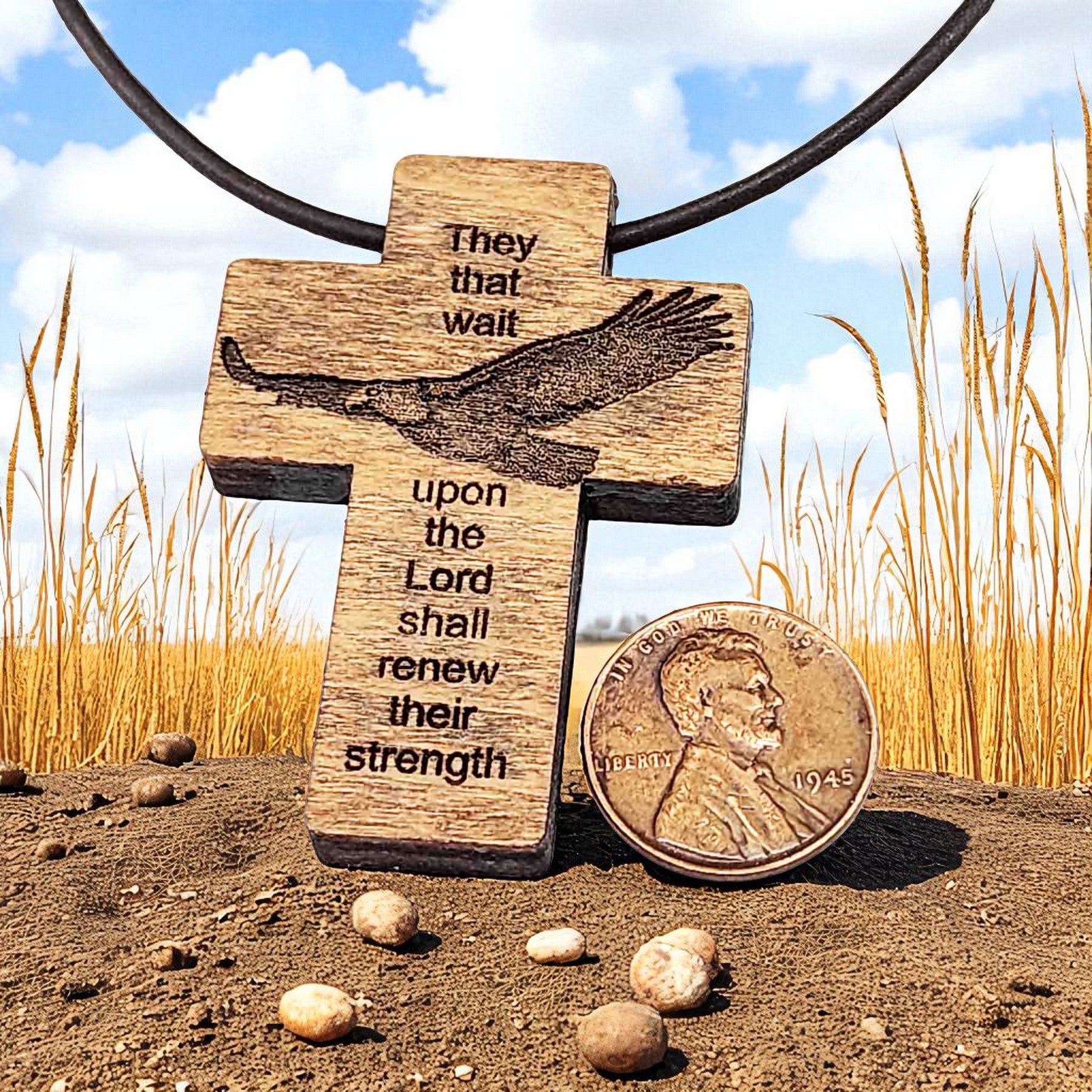 Wood Eagle Cross Pendant Brown Leather Cord Necklace