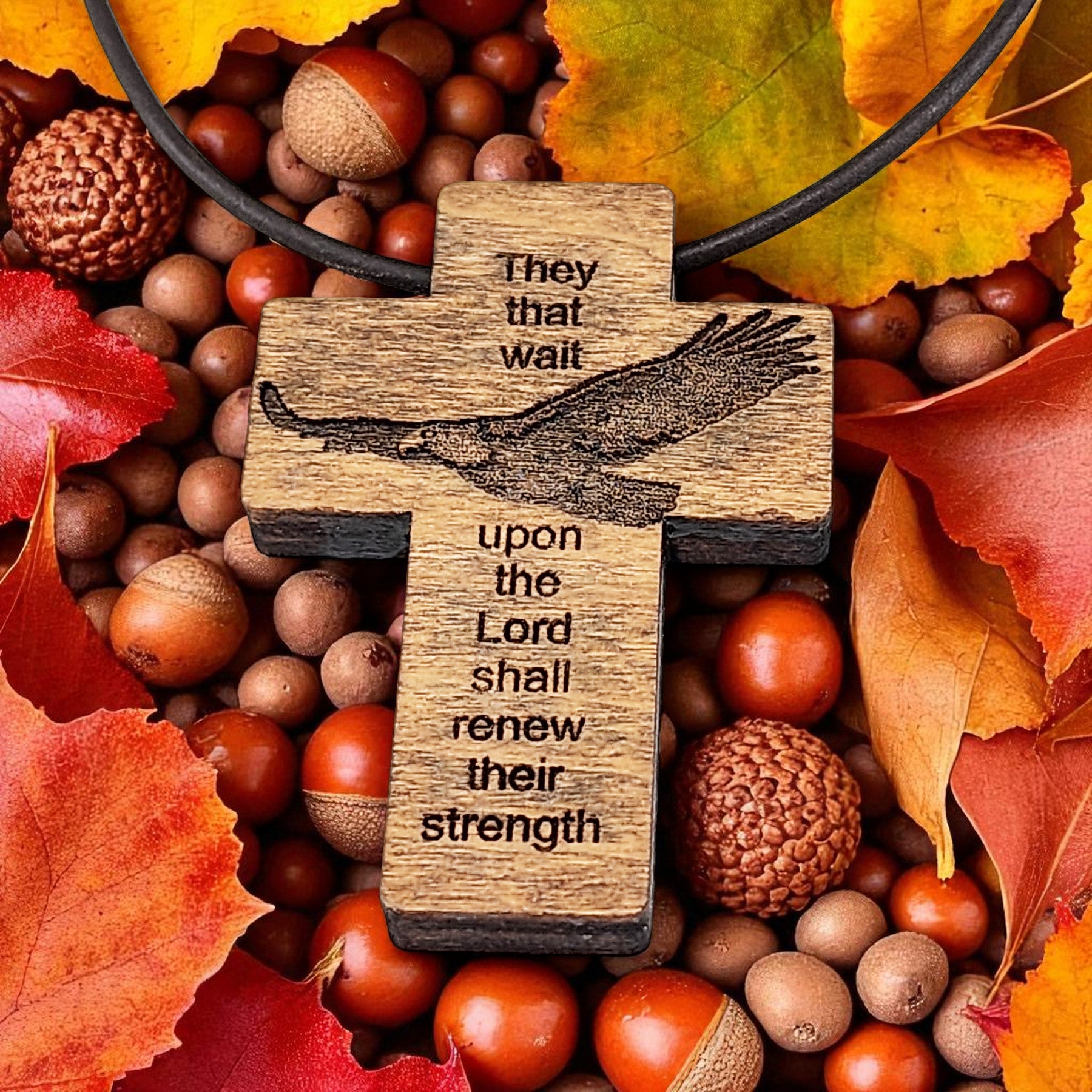 Wood Eagle Cross Pendant Brown Leather Cord Necklace