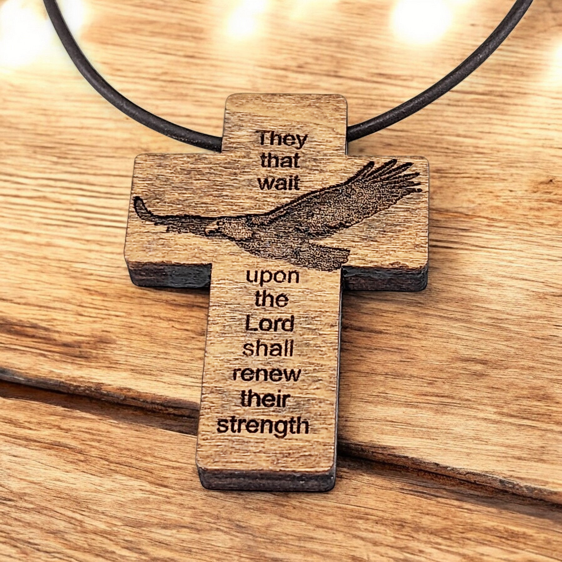 Wood Eagle Cross Pendant Brown Leather Cord Necklace