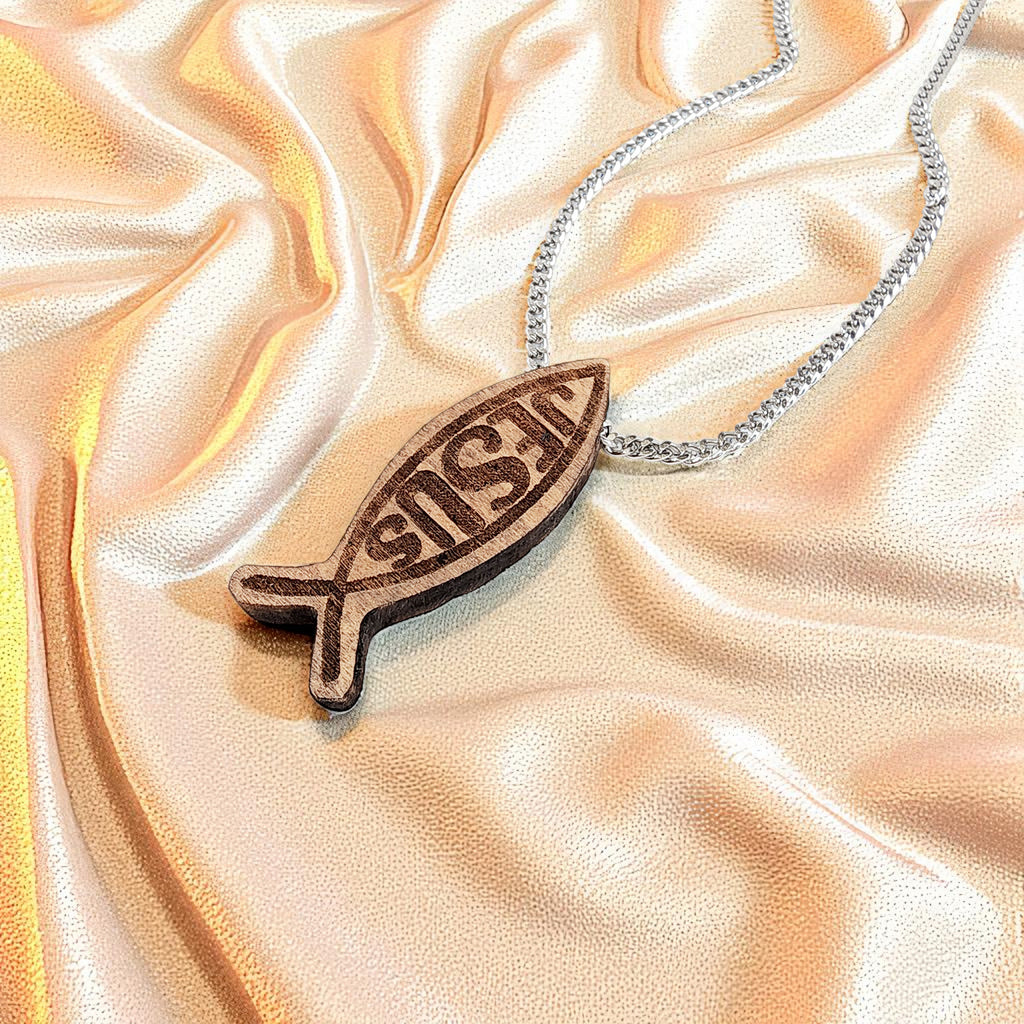 Wood Fish Jesus Ichthus Pendant Stainless Steel Curb Chain Necklace