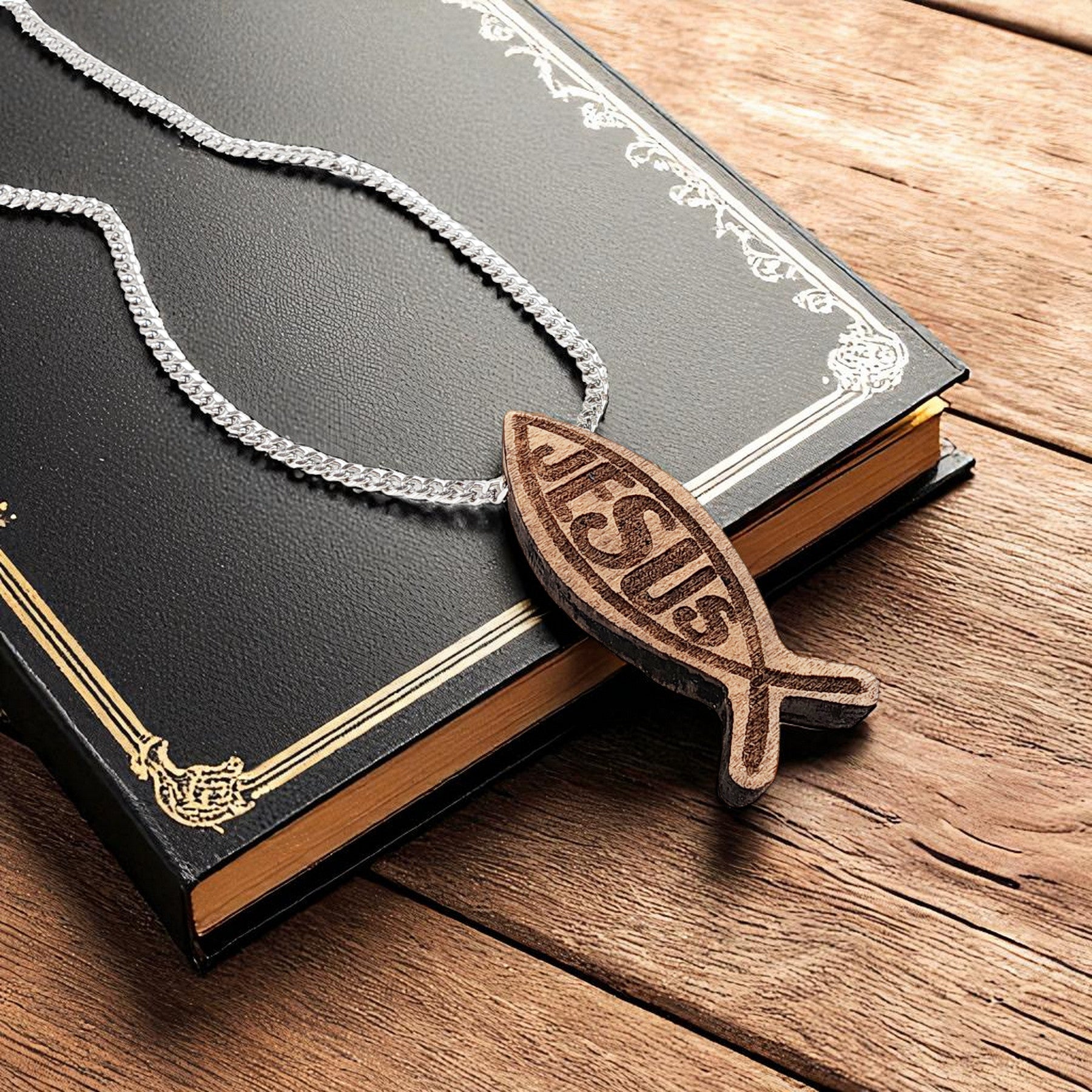 Wood Fish Jesus Ichthus Pendant Stainless Steel Curb Chain Necklace