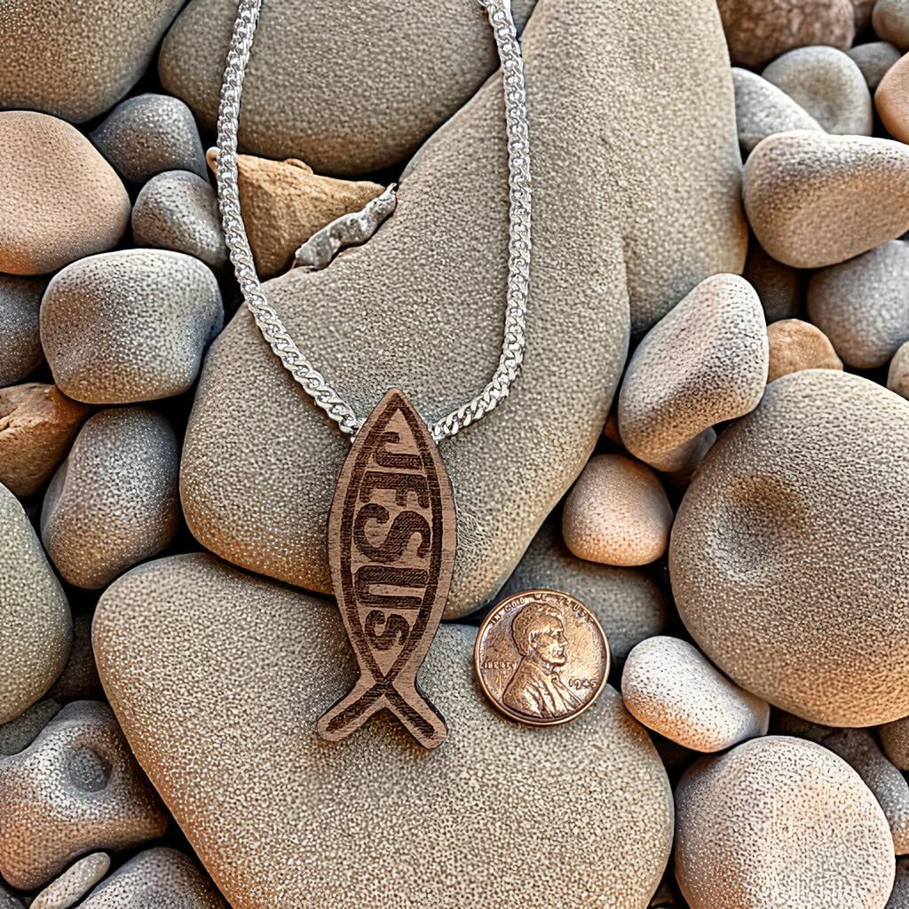Wood Fish Jesus Ichthus Pendant Stainless Steel Curb Chain Necklace