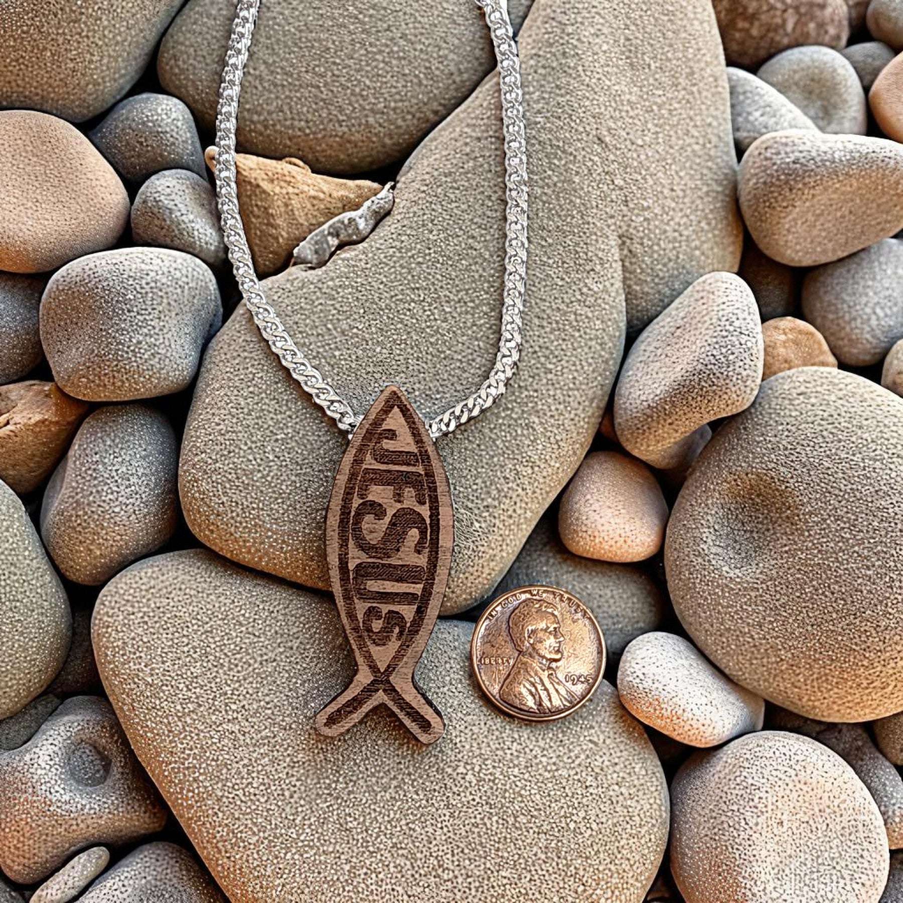 Wood Fish Jesus Ichthus Pendant Stainless Steel Curb Chain Necklace