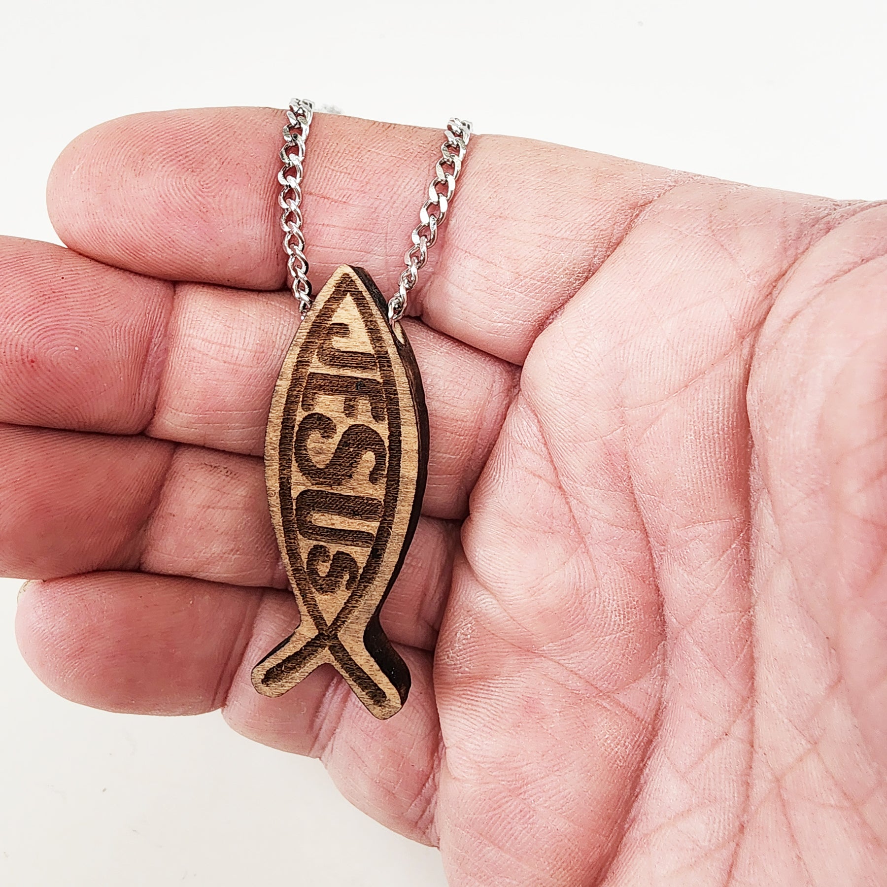 Wood Fish Jesus Ichthus Pendant Stainless Steel Curb Chain Necklace