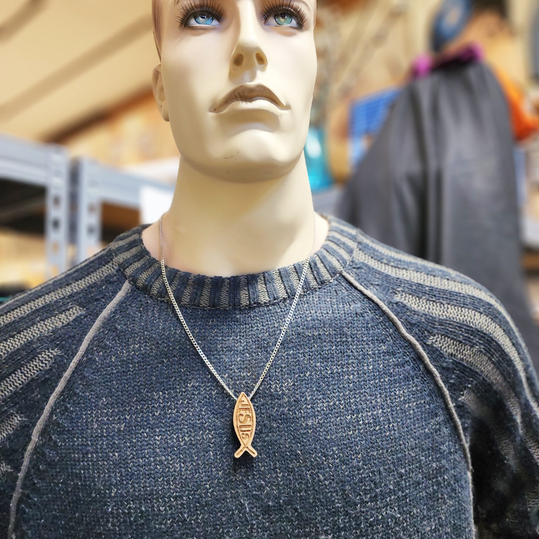 Wood Fish Jesus Ichthus Pendant Stainless Steel Curb Chain Necklace