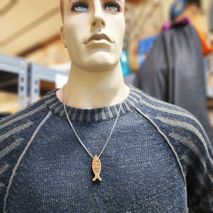Wood Fish Jesus Ichthus Pendant Stainless Steel Curb Chain Necklace