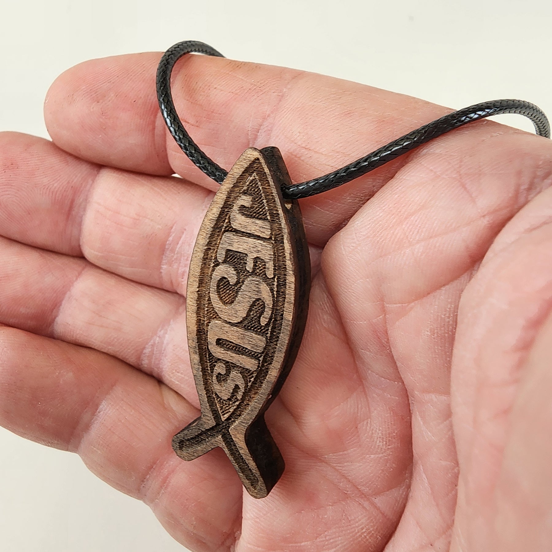 Wood Fish Jesus Pendant Black Cord Necklace