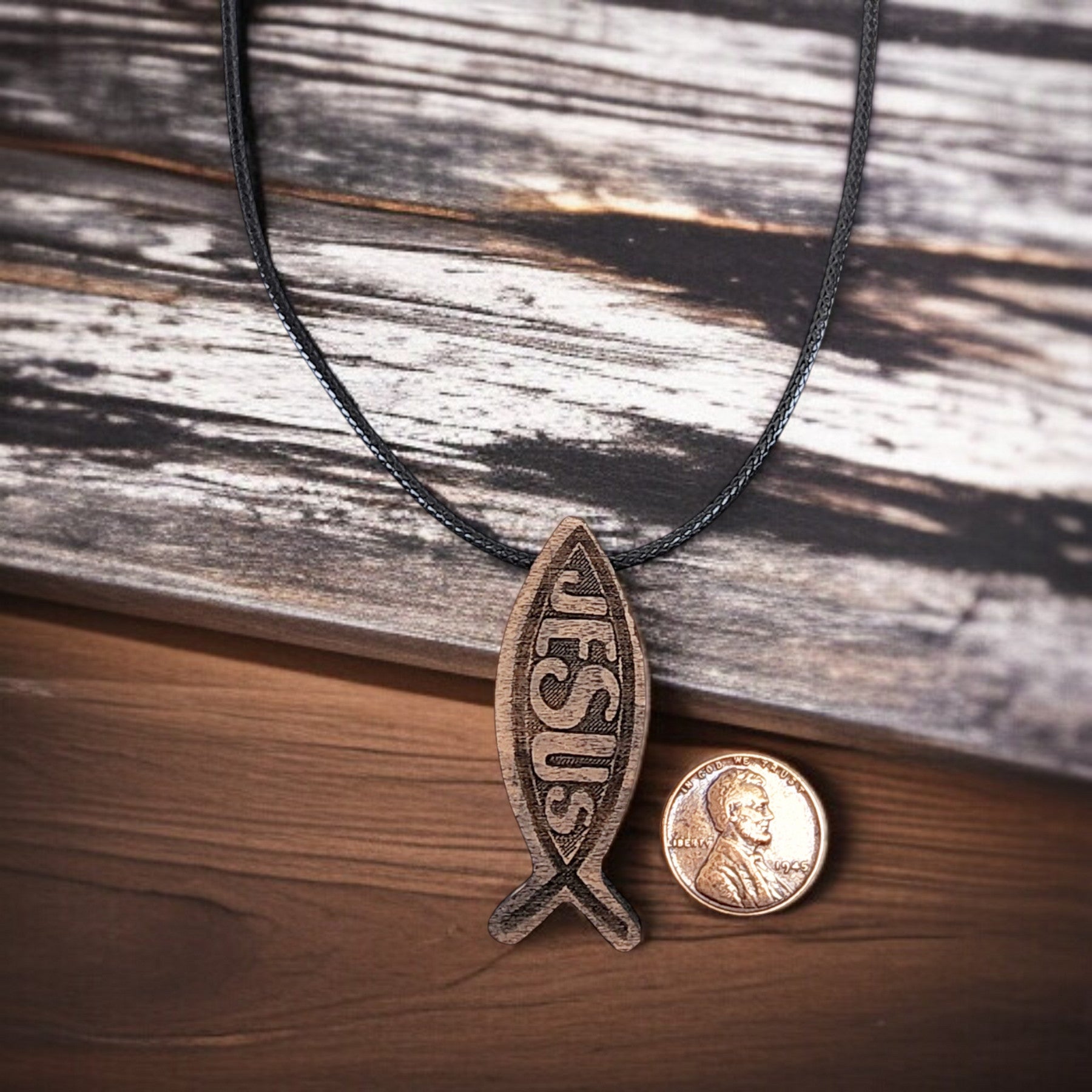 Wood Fish Jesus Pendant Black Cord Necklace