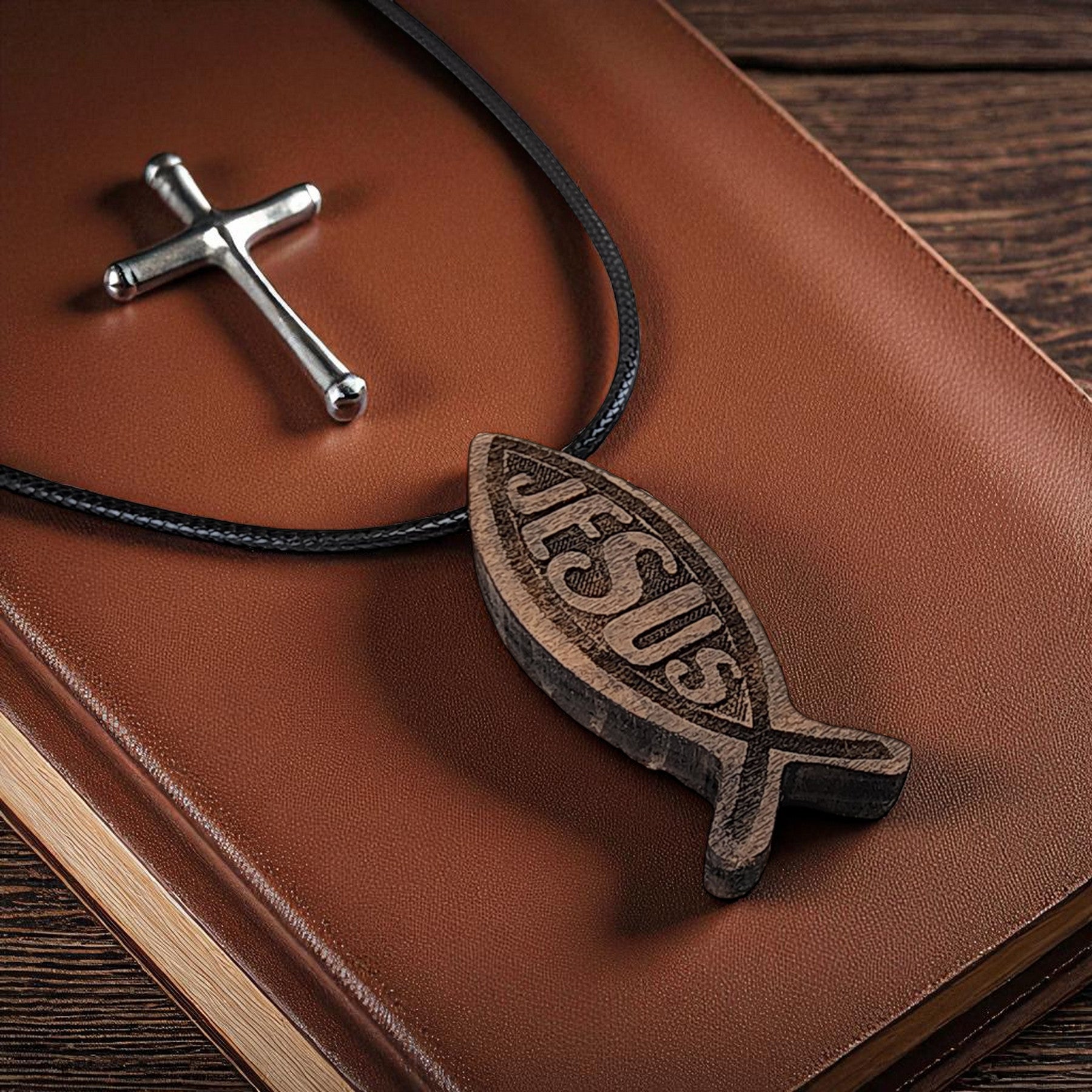 Wood Fish Jesus Pendant Black Cord Necklace