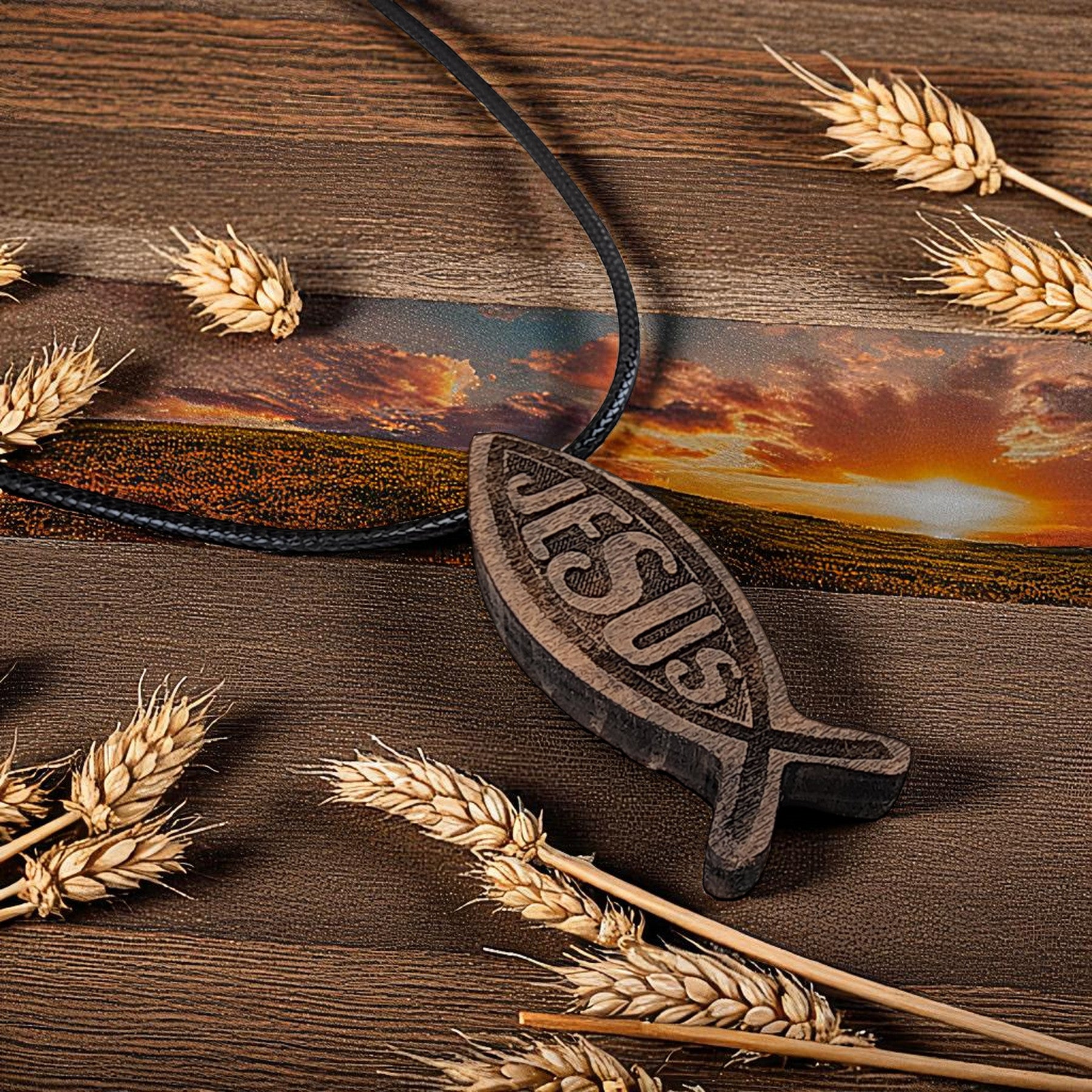 Wood Fish Jesus Pendant Black Cord Necklace