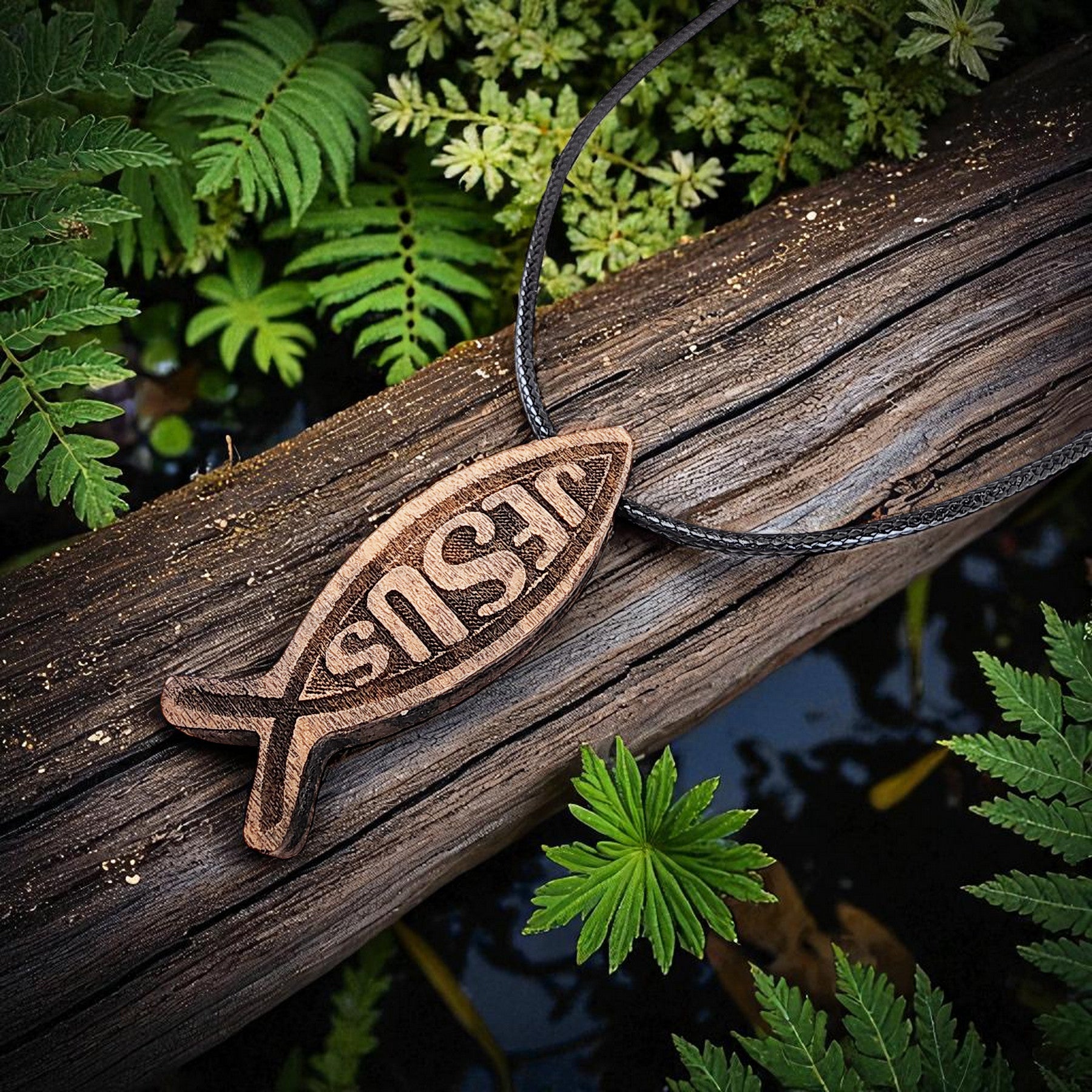 Wood Fish Jesus Pendant Black Cord Necklace