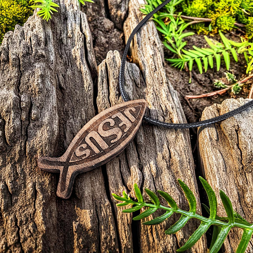 Wood Fish Jesus Pendant Black Cord Necklace