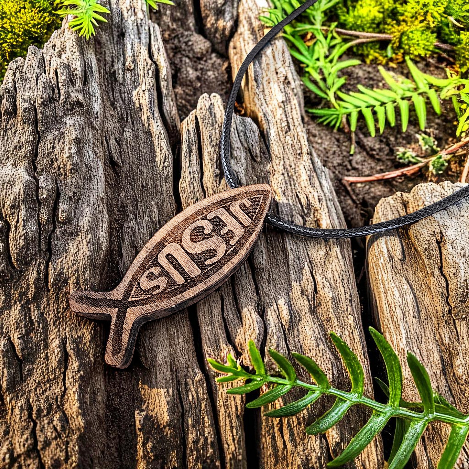 Wood Fish Jesus Pendant Black Cord Necklace
