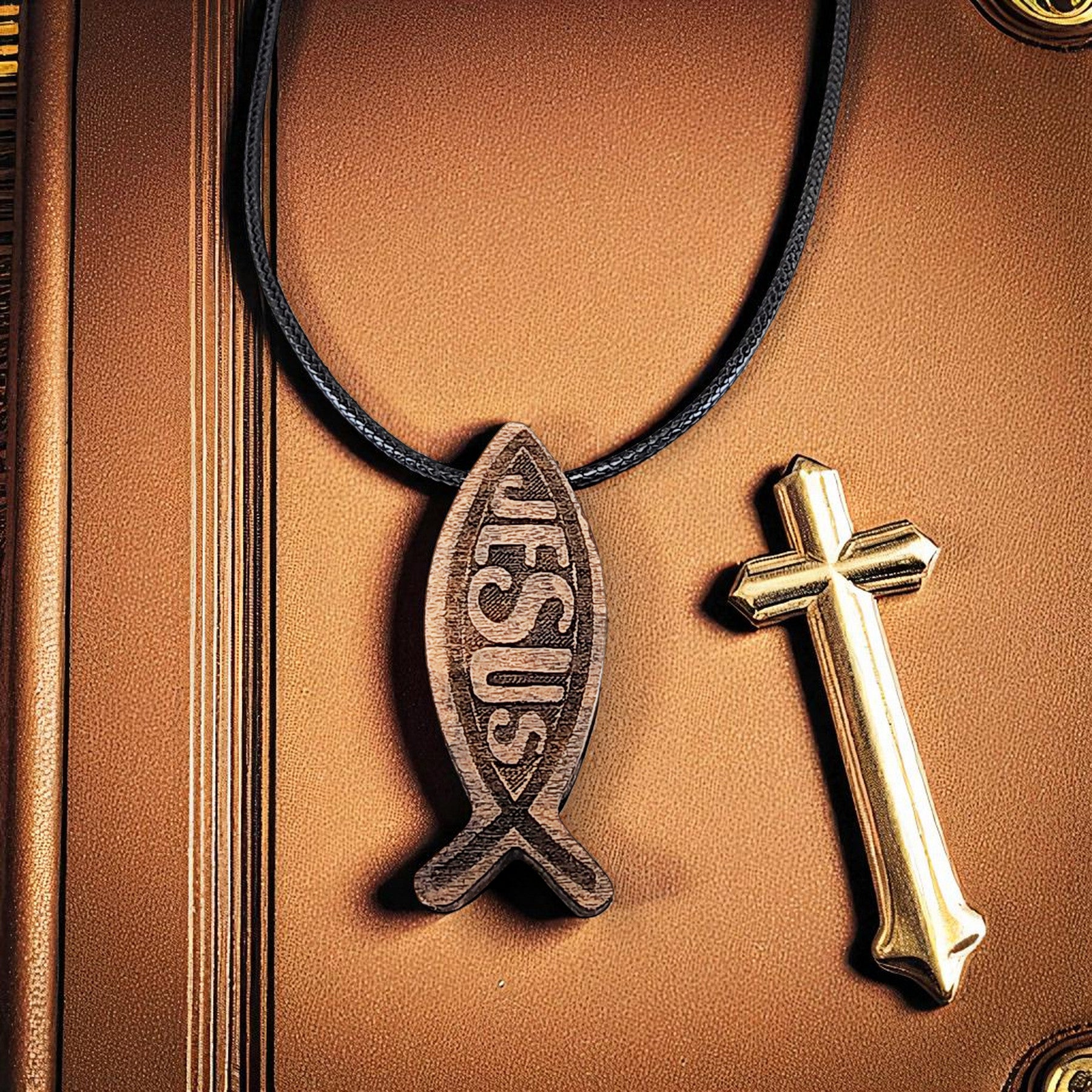 Wood Fish Jesus Pendant Black Cord Necklace