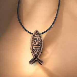Wood Fish Jesus Pendant Black Cord Necklace