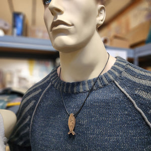 Wood Fish Jesus Pendant Black Cord Necklace