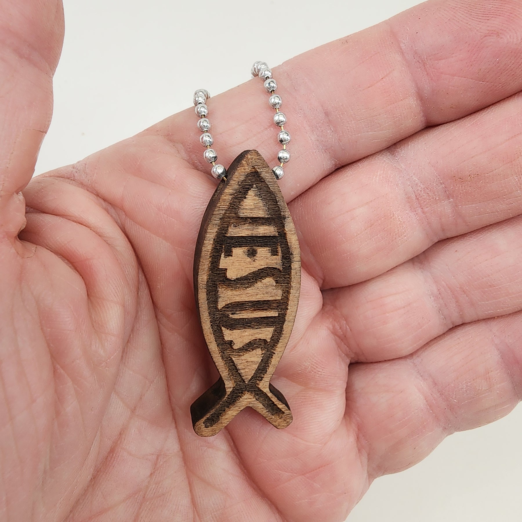 Wood Fish Ichthus Jesus Pendant Ball Chain Necklace
