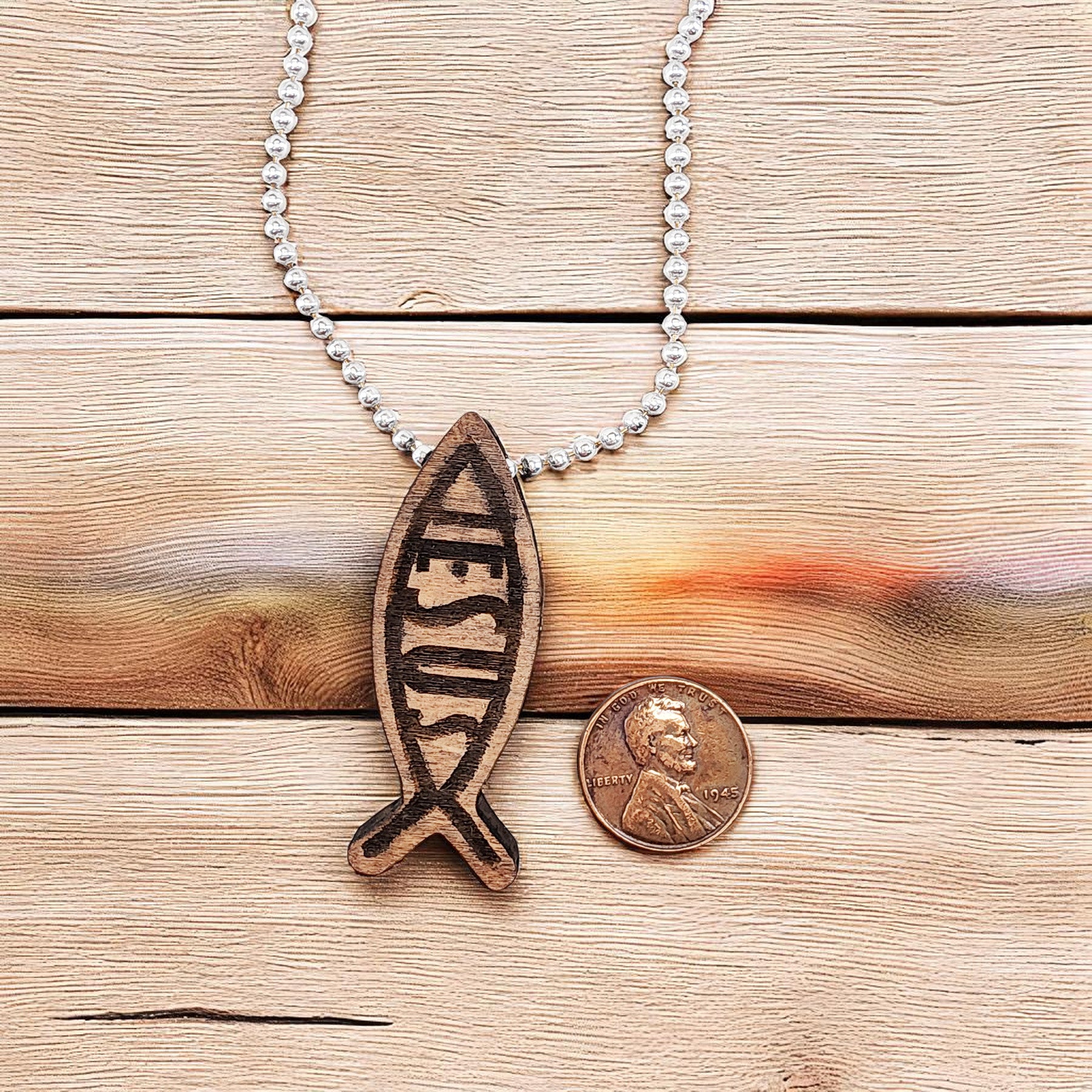 Wood Fish Ichthus Jesus Pendant Ball Chain Necklace