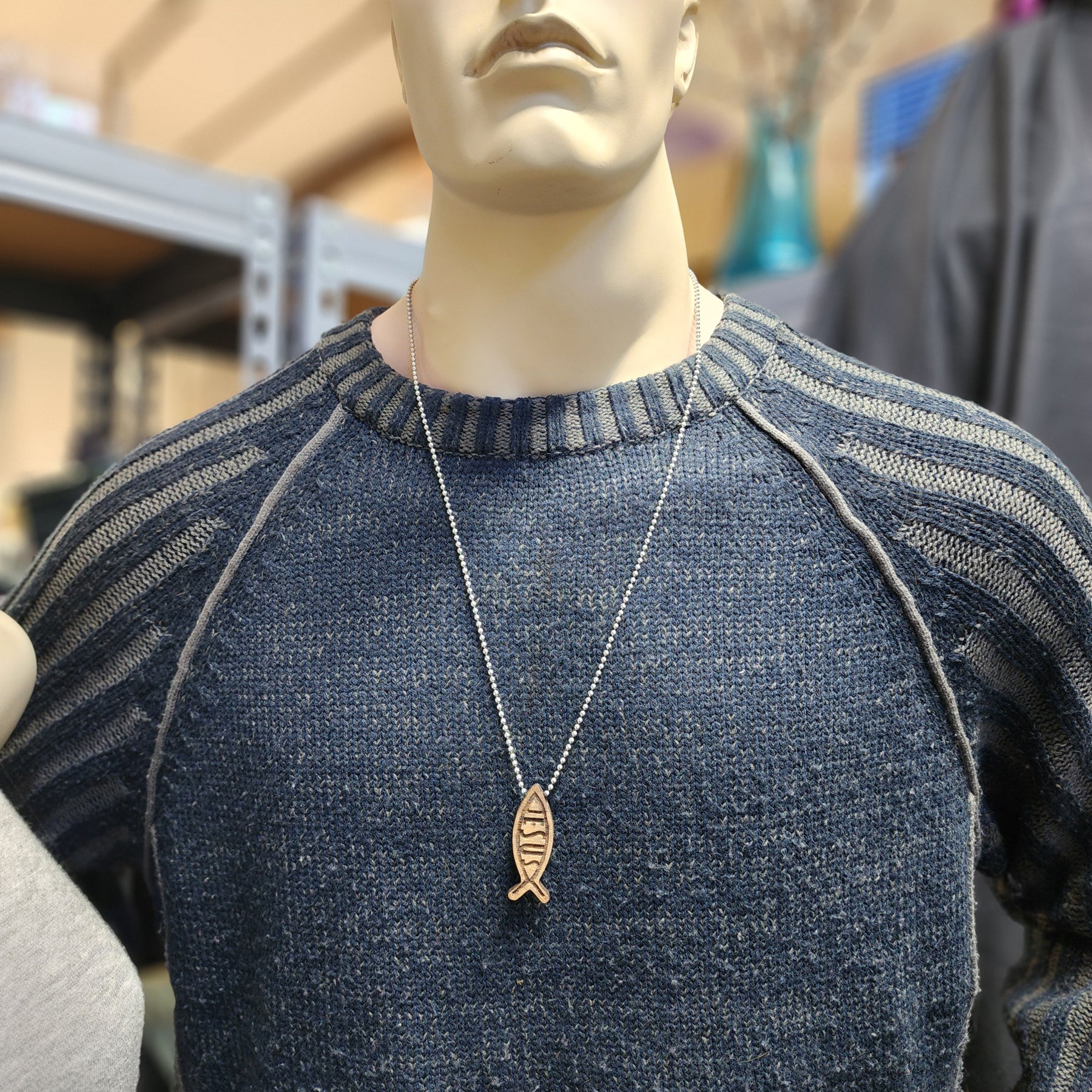 Wood Fish Ichthus Jesus Pendant Ball Chain Necklace