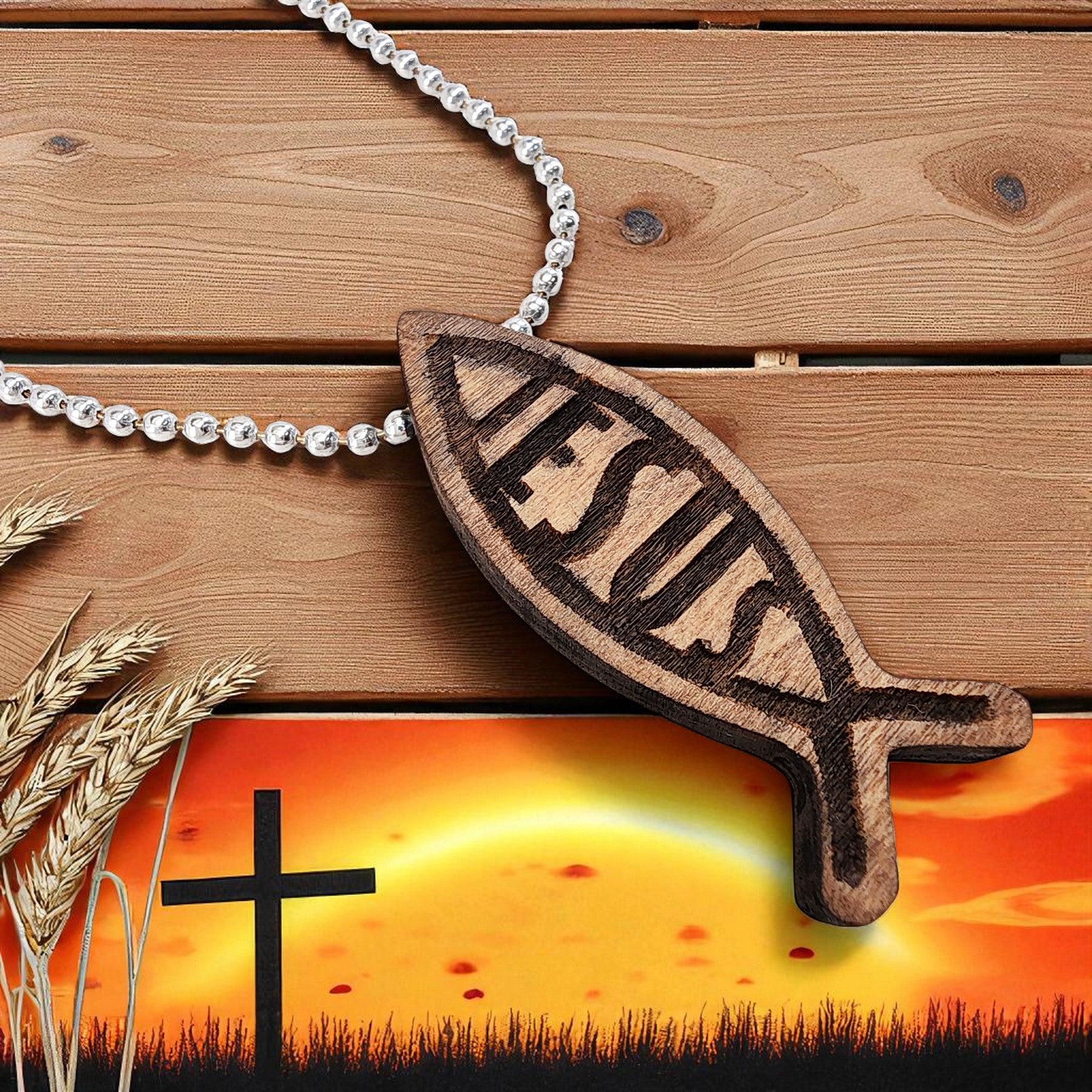 Wood Fish Ichthus Jesus Pendant Ball Chain Necklace