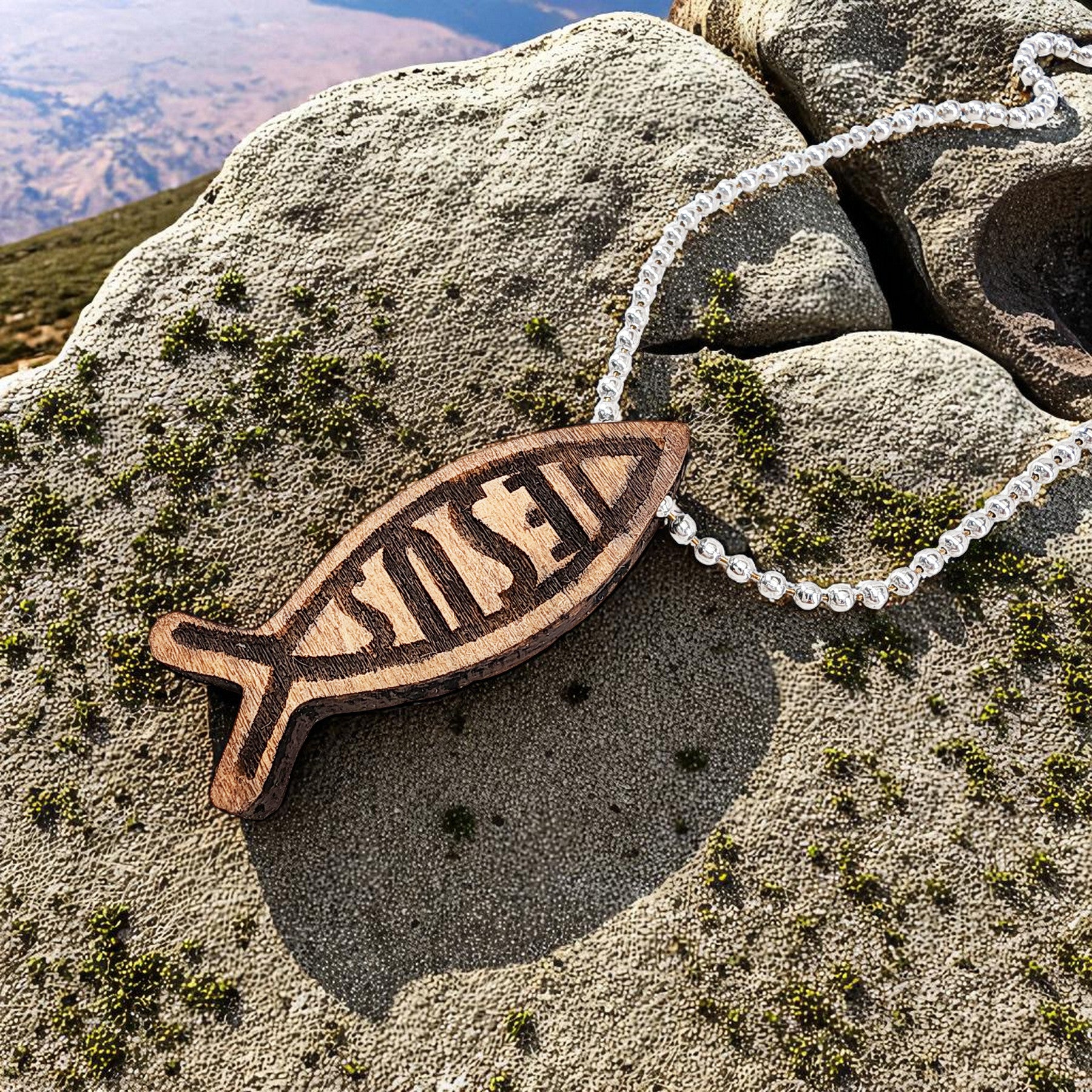 Wood Fish Ichthus Jesus Pendant Ball Chain Necklace