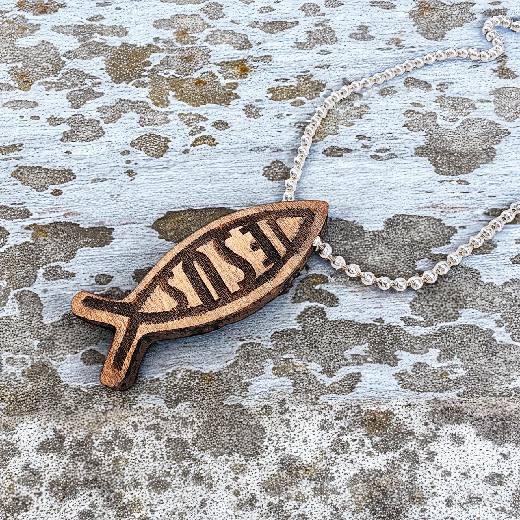 Wood Fish Ichthus Jesus Pendant Ball Chain Necklace