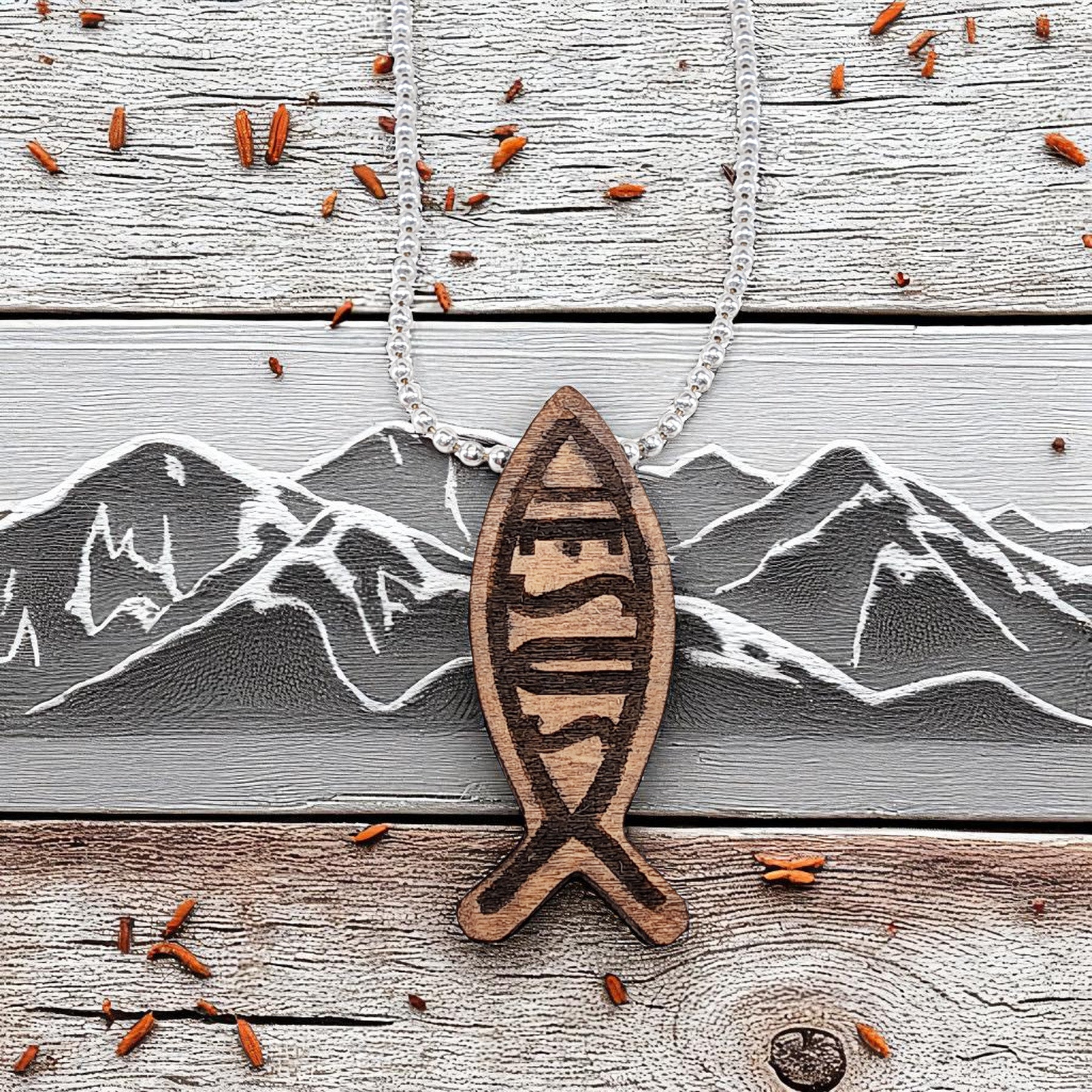 Wood Fish Ichthus Jesus Pendant Ball Chain Necklace