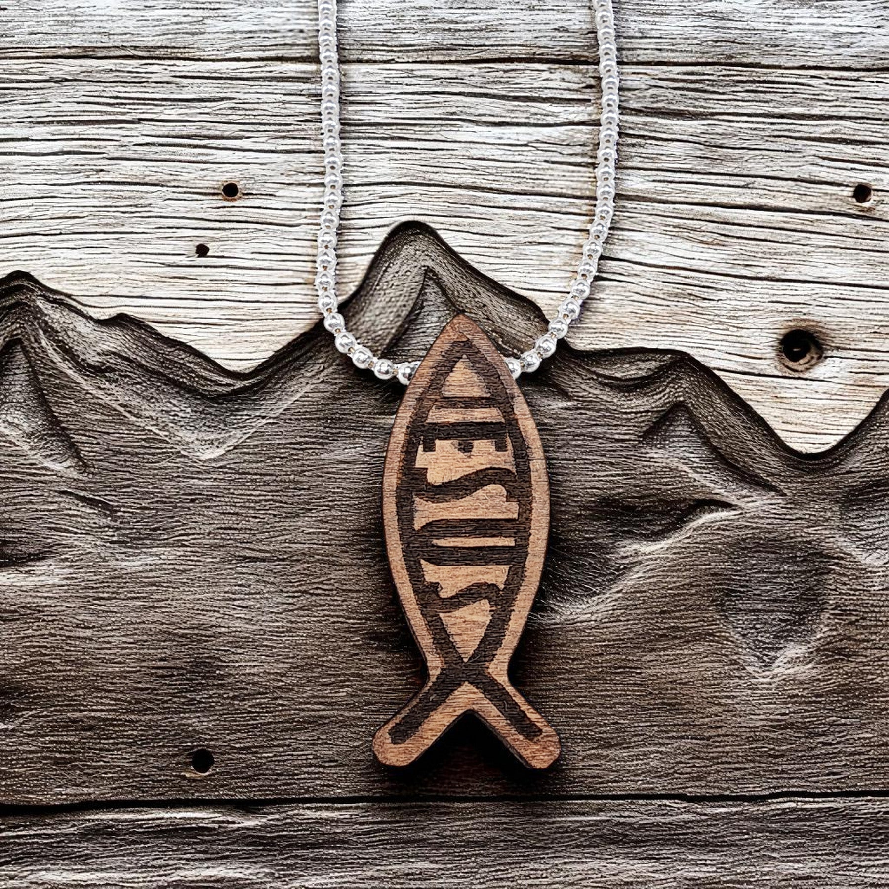 Wood Fish Ichthus Jesus Pendant Ball Chain Necklace