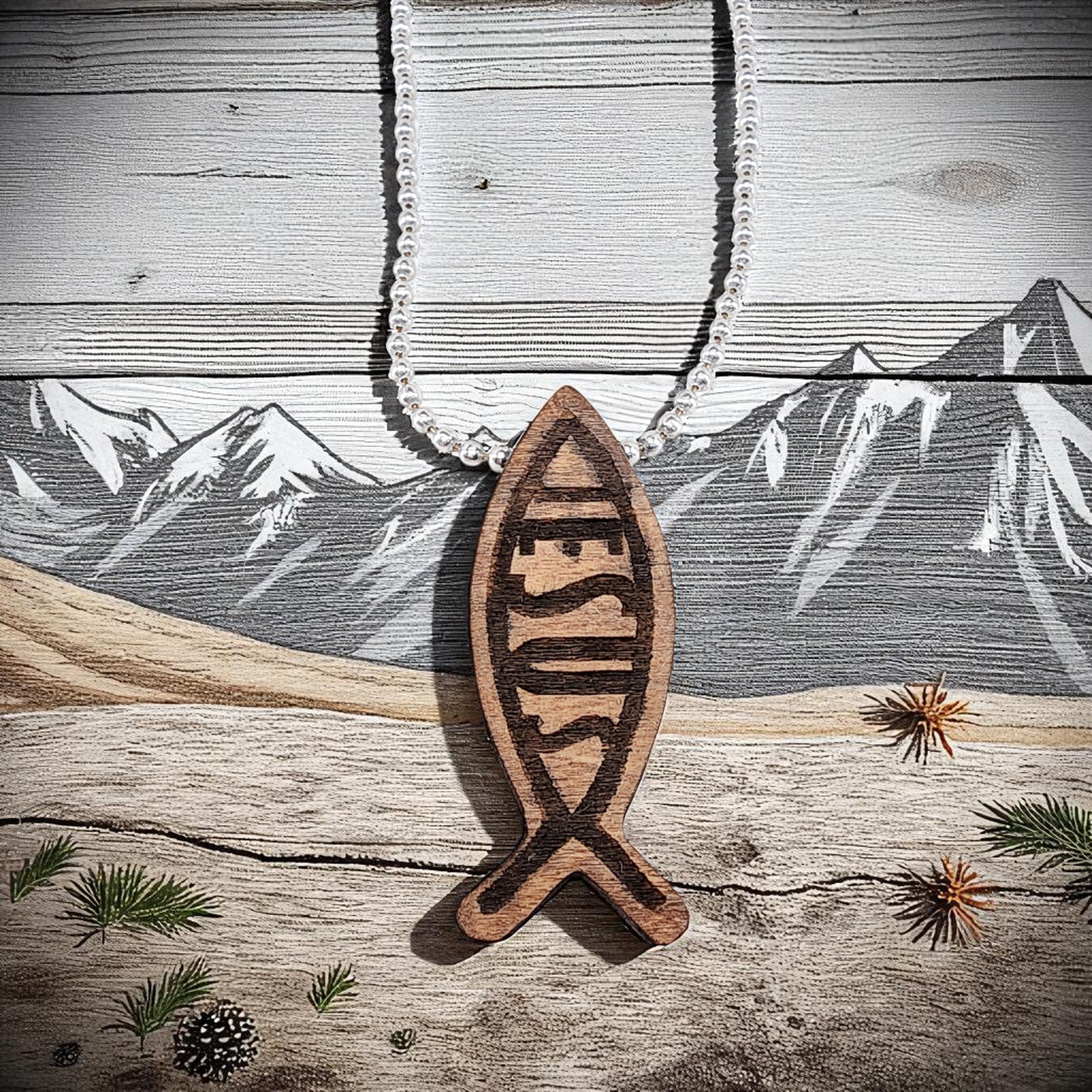 Wood Fish Ichthus Jesus Pendant Ball Chain Necklace