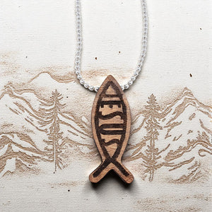 Wood Fish Ichthus Jesus Pendant Ball Chain Necklace