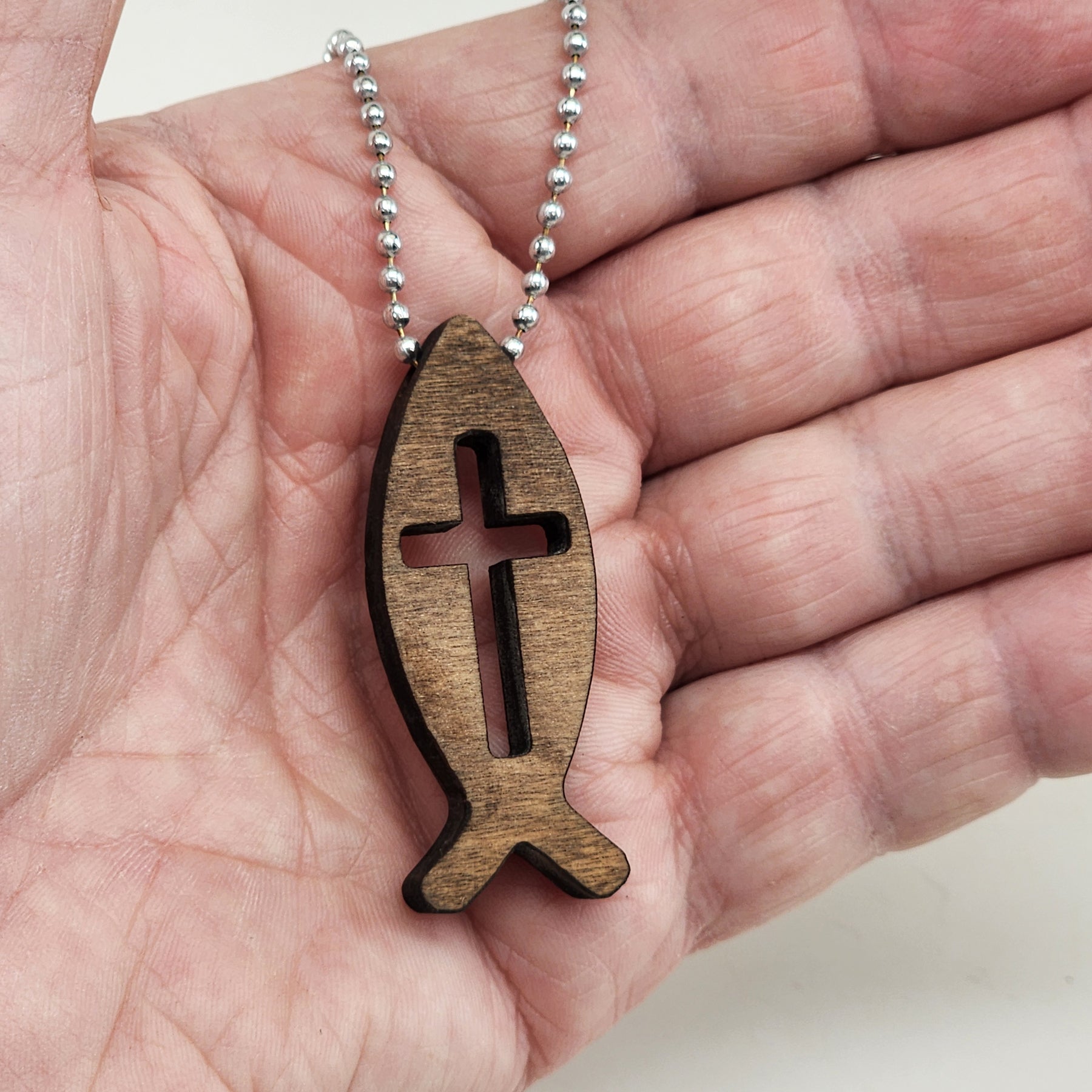Wood Fish Cross Pendant Ball Chain Necklace