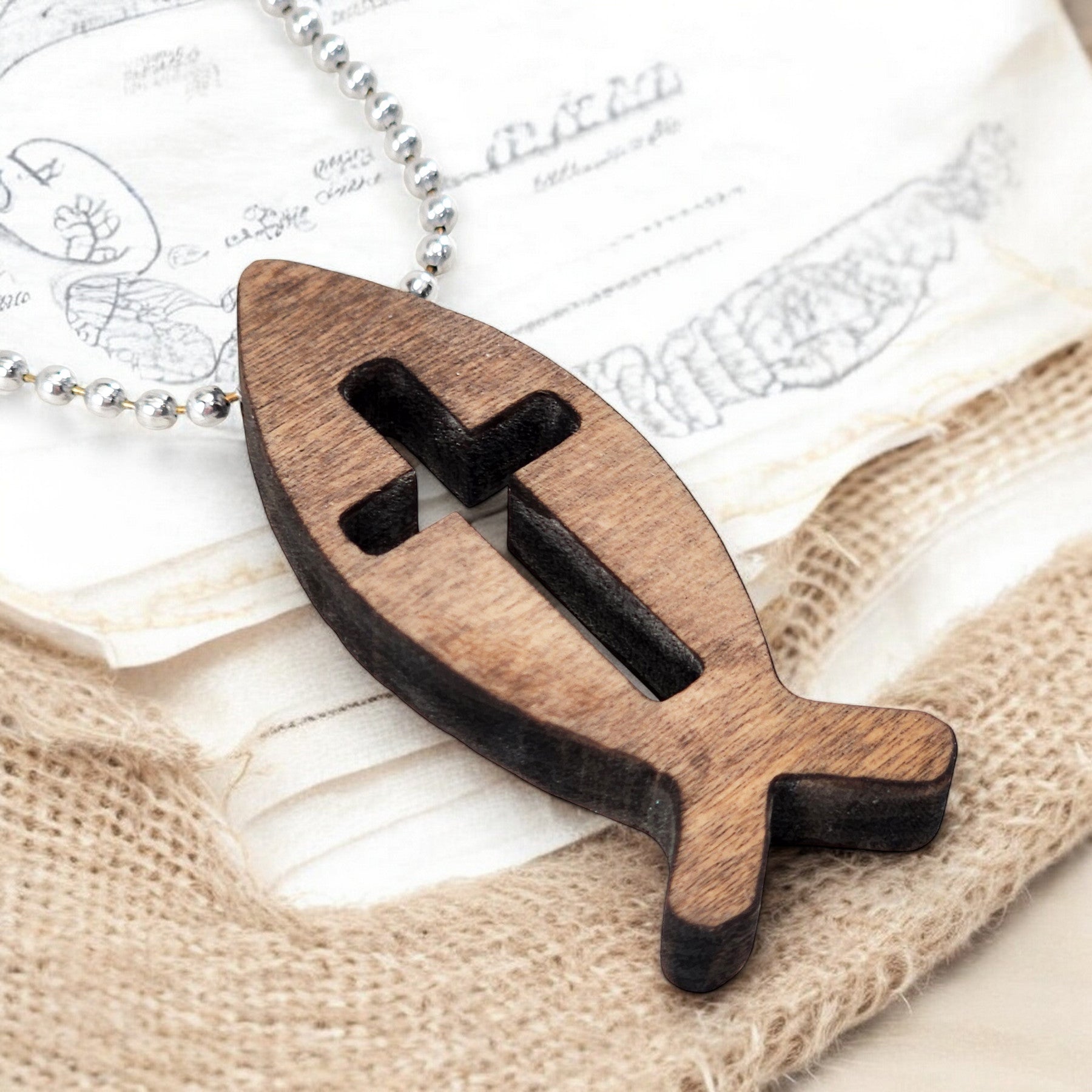 Wood Fish Cross Pendant Ball Chain Necklace