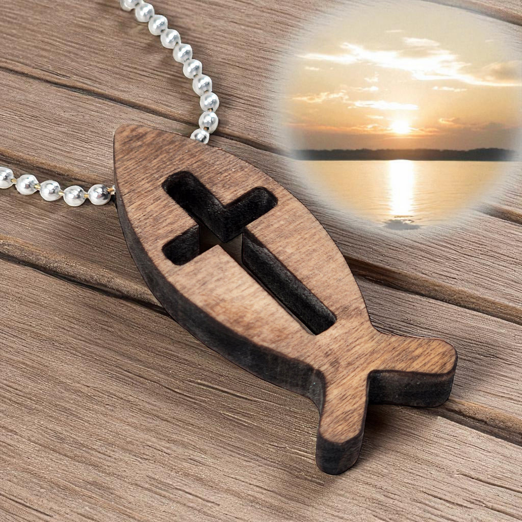 Wood Fish Cross Pendant Ball Chain Necklace