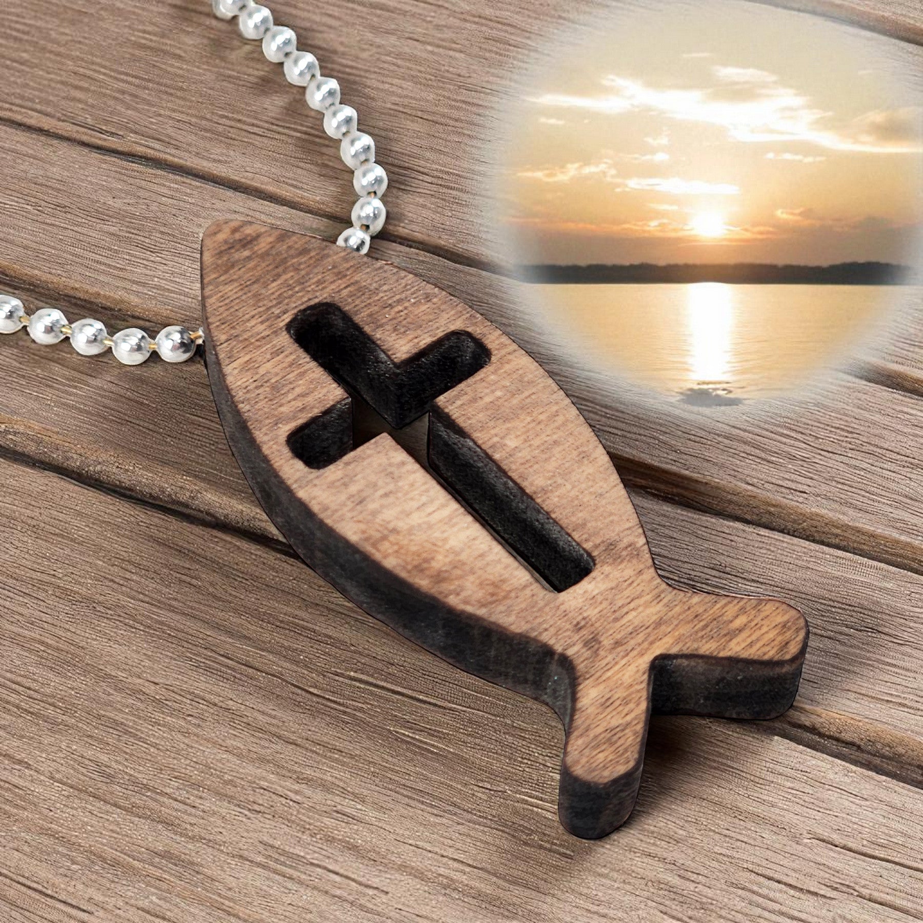 Wood Fish Cross Pendant Ball Chain Necklace