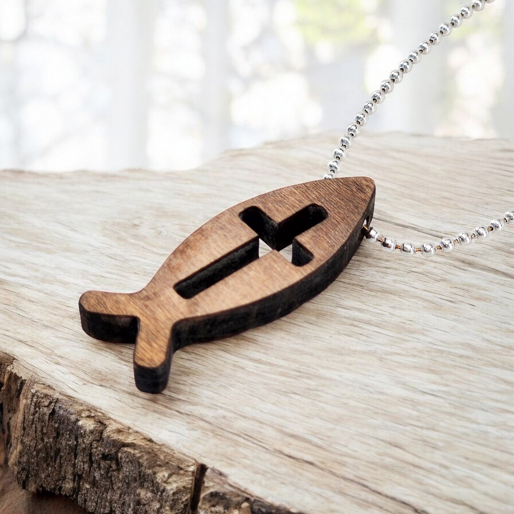 Wood Fish Cross Pendant Ball Chain Necklace
