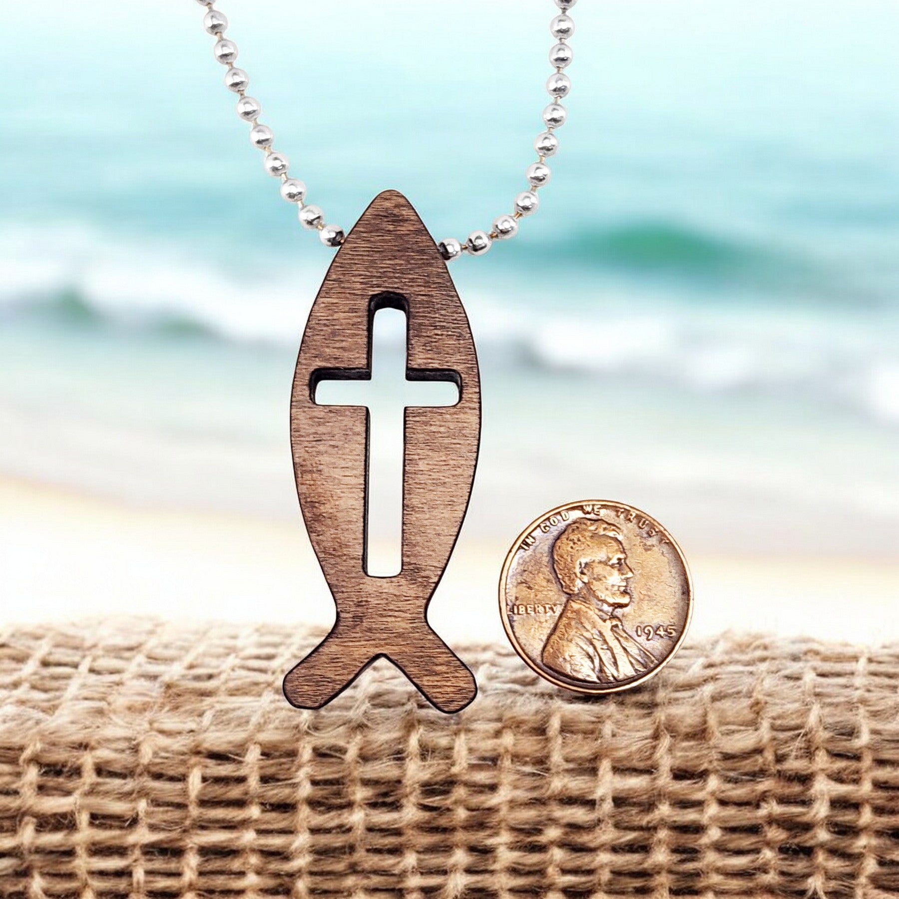 Wood Fish Cross Pendant Ball Chain Necklace