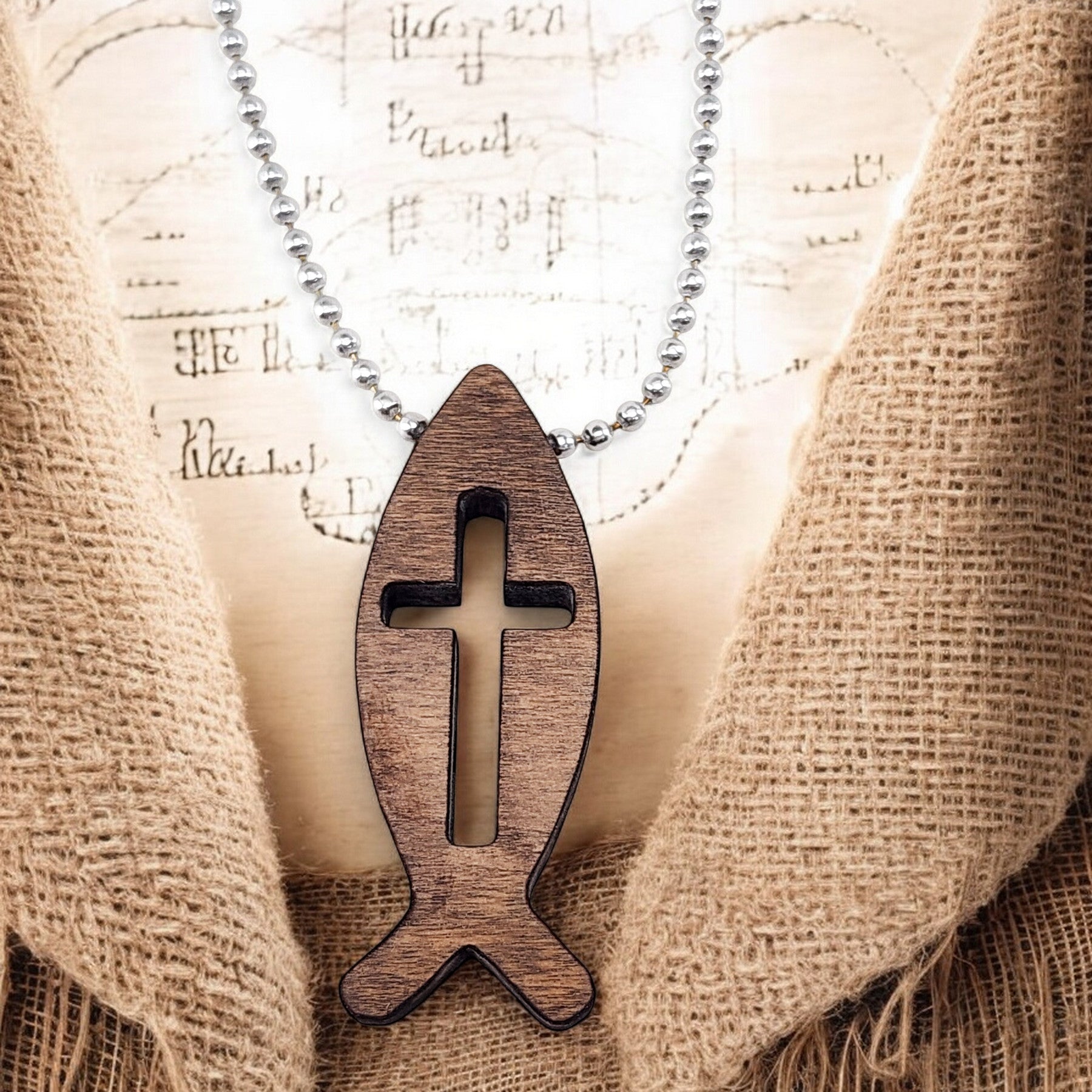 Wood Fish Cross Pendant Ball Chain Necklace