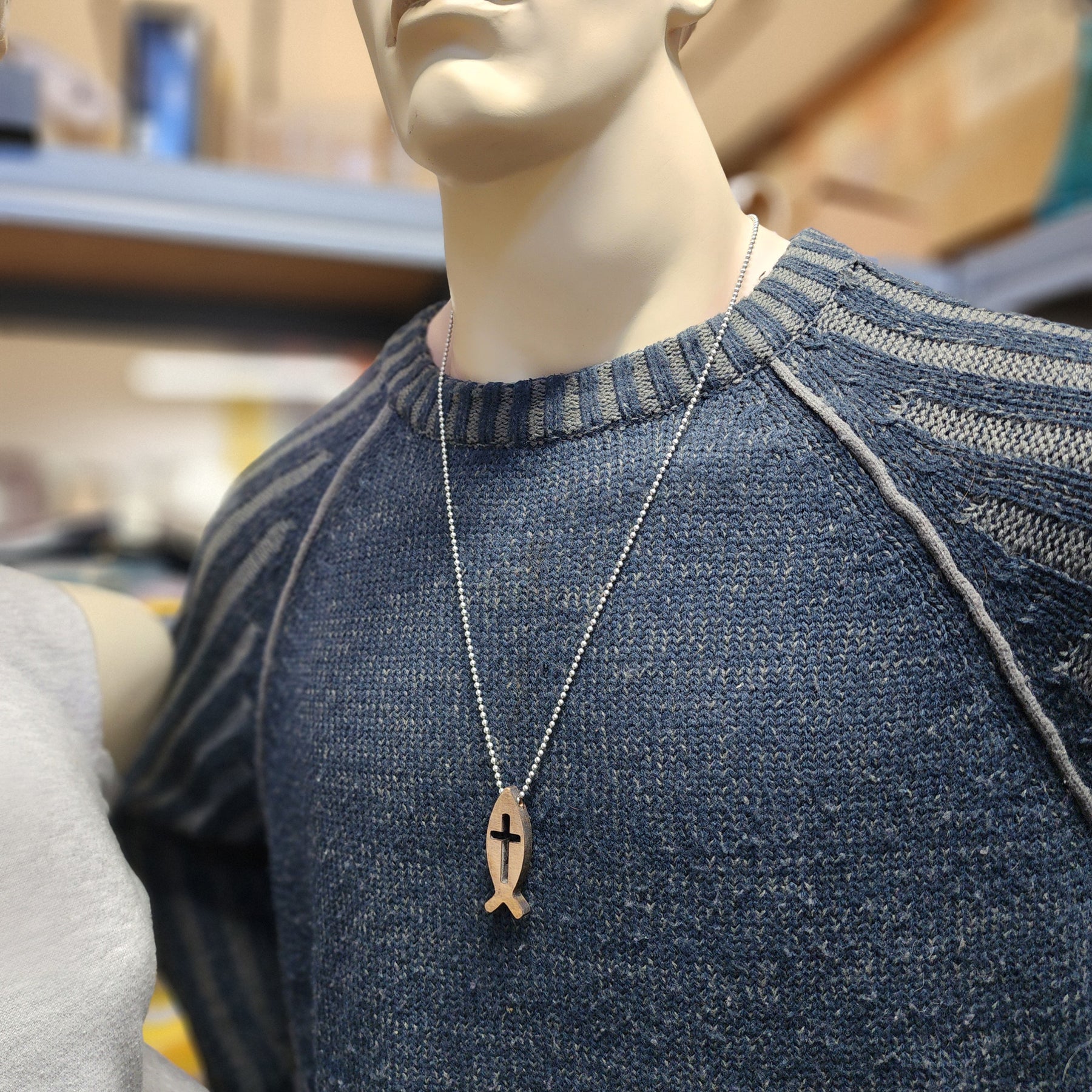 Wood Fish Cross Pendant Ball Chain Necklace