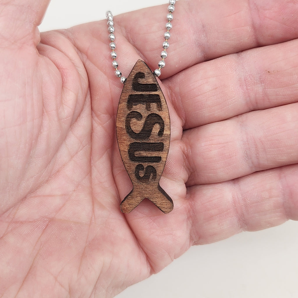 Wood Fish Jesus Pendant Ball Chain Necklace
