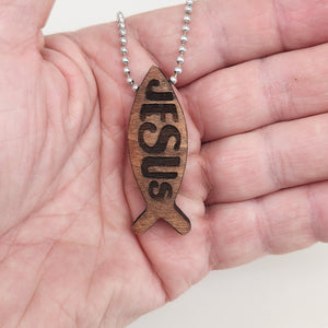 Wood Fish Jesus Pendant Ball Chain Necklace
