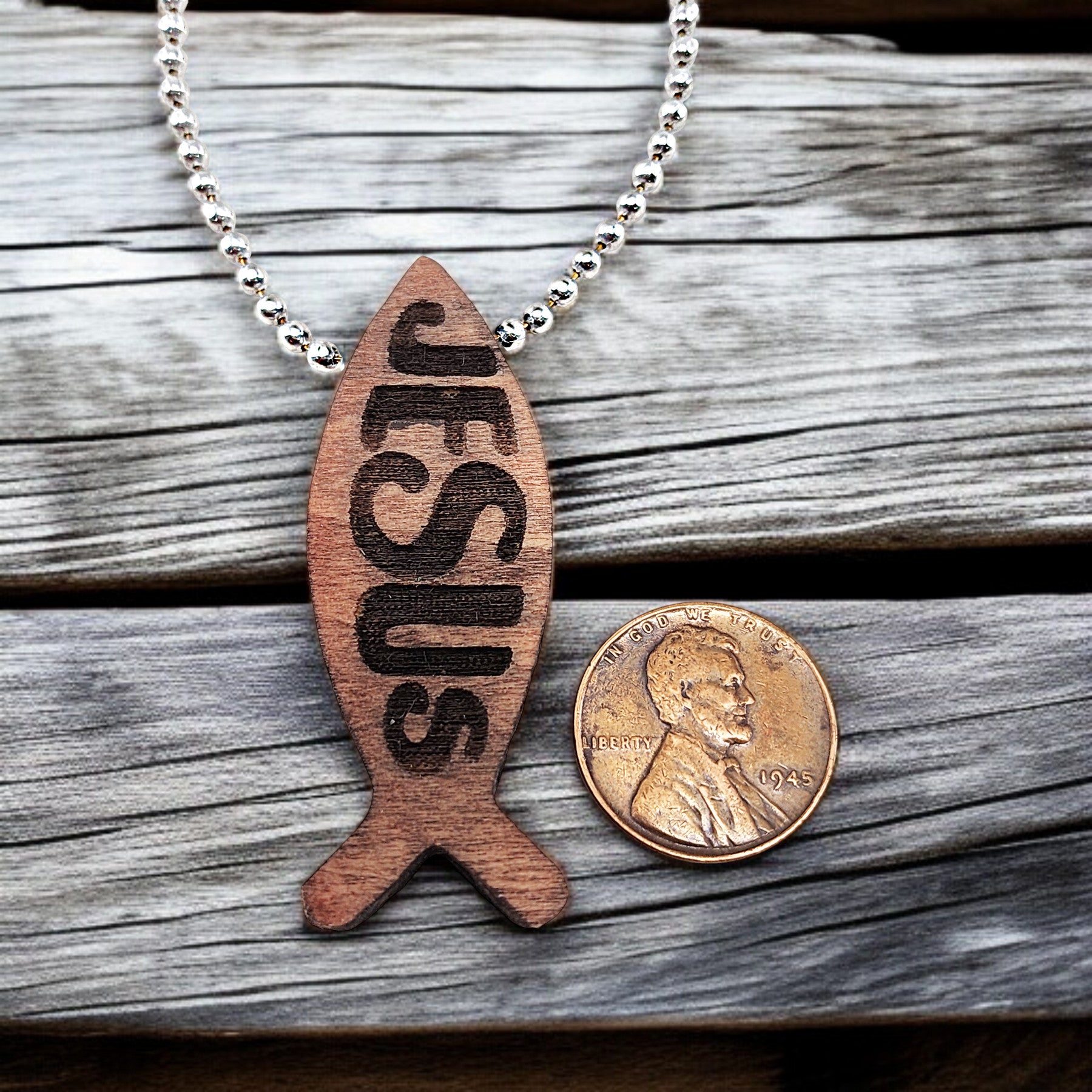Wood Fish Jesus Pendant Ball Chain Necklace