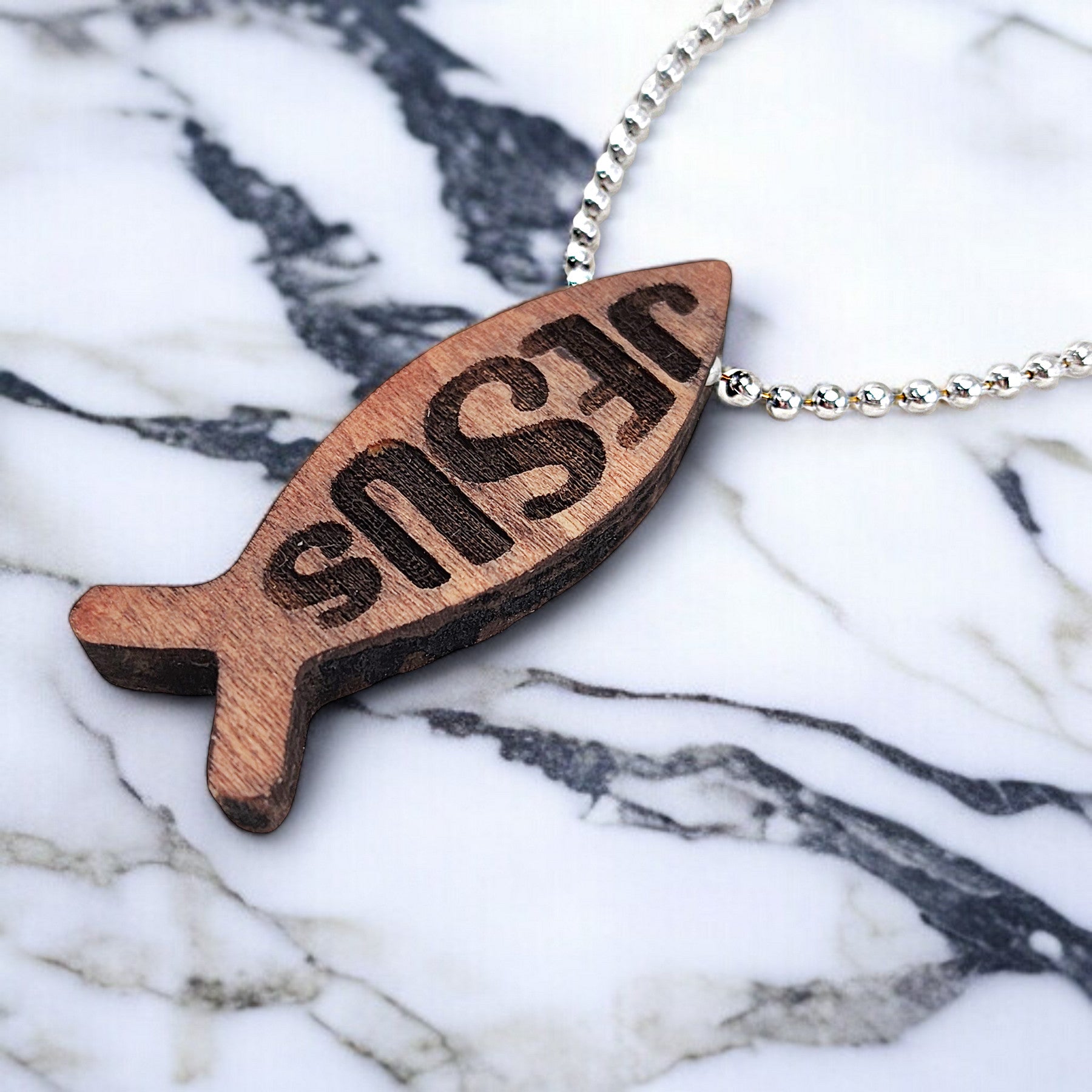 Wood Fish Jesus Pendant Ball Chain Necklace