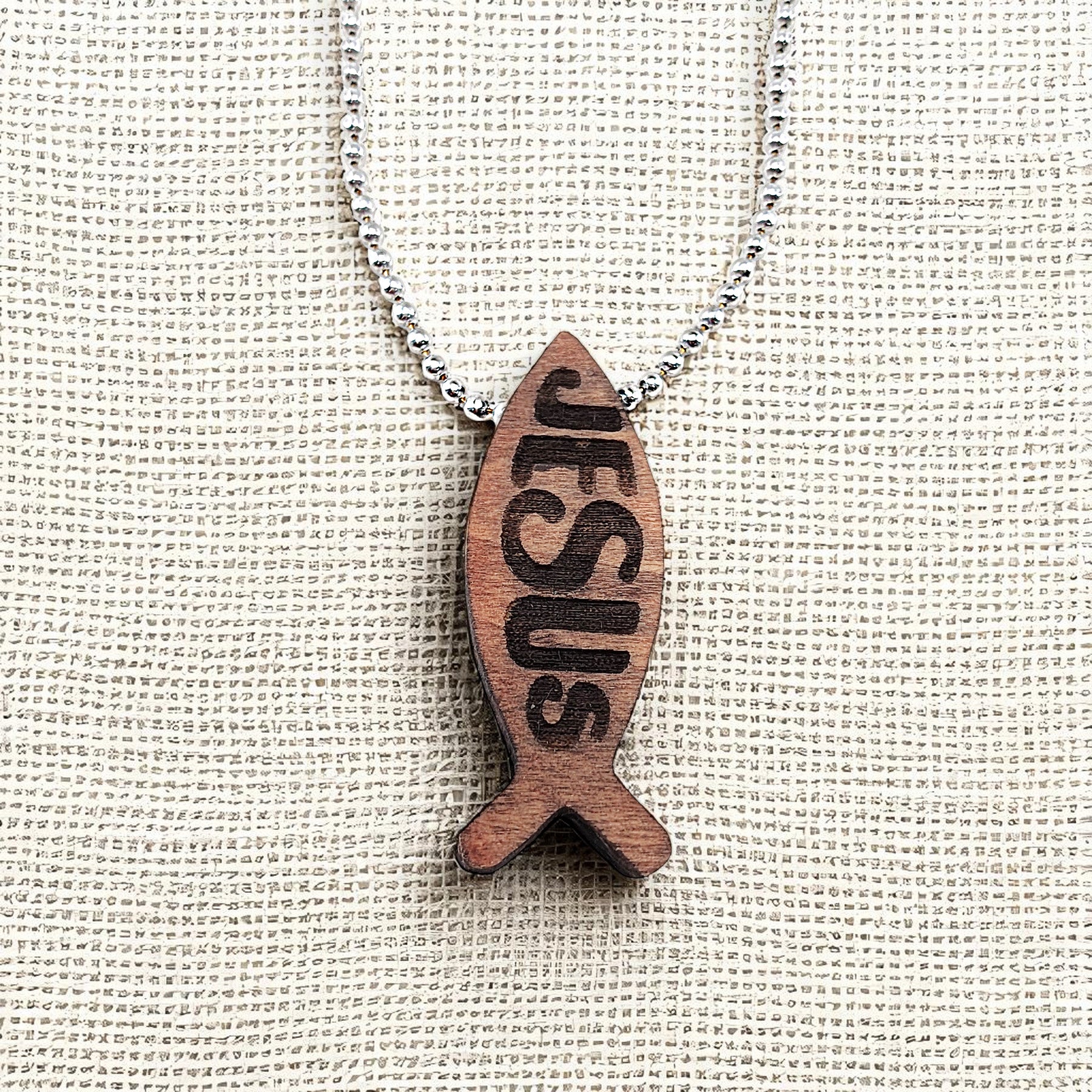 Wood Fish Jesus Pendant Ball Chain Necklace