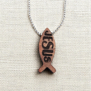 Wood Fish Jesus Pendant Ball Chain Necklace