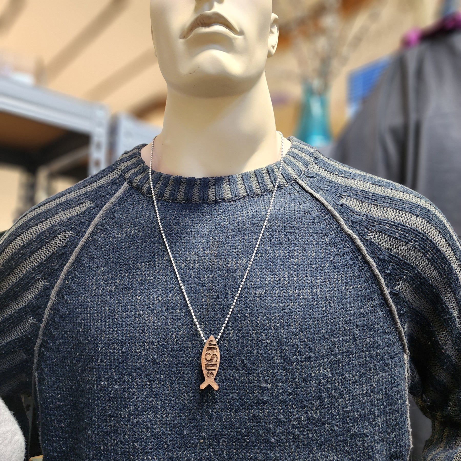 Wood Fish Jesus Pendant Ball Chain Necklace